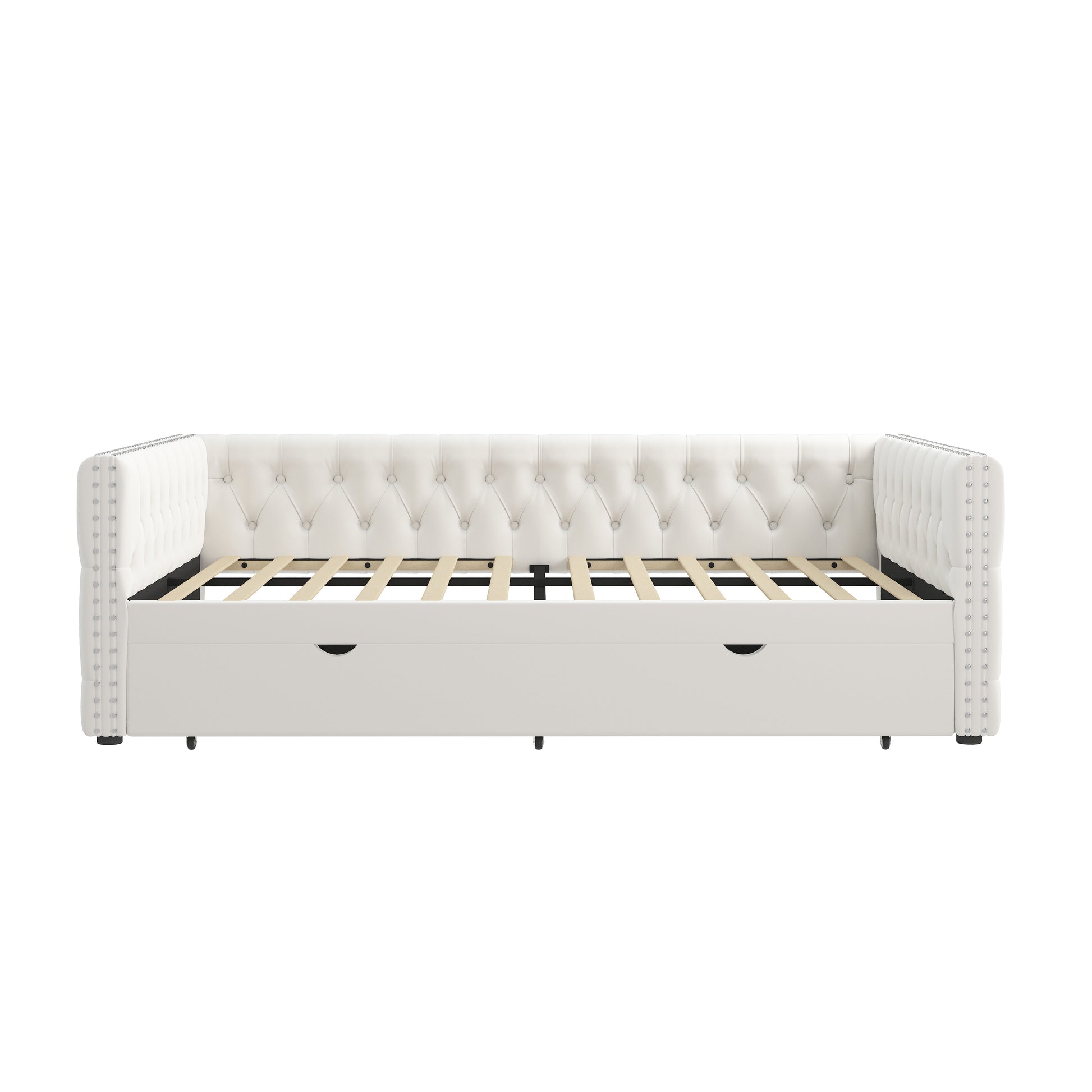 Daybed With Trundle Velvet Upholstered Tufted Sofa Bed, With Button And Copper Nail Onsquare Arms,Full Daybed & Twin Trundle For Bedroom, Living Room, Guest Room, 83"X57"X26" Full Beige Velvet