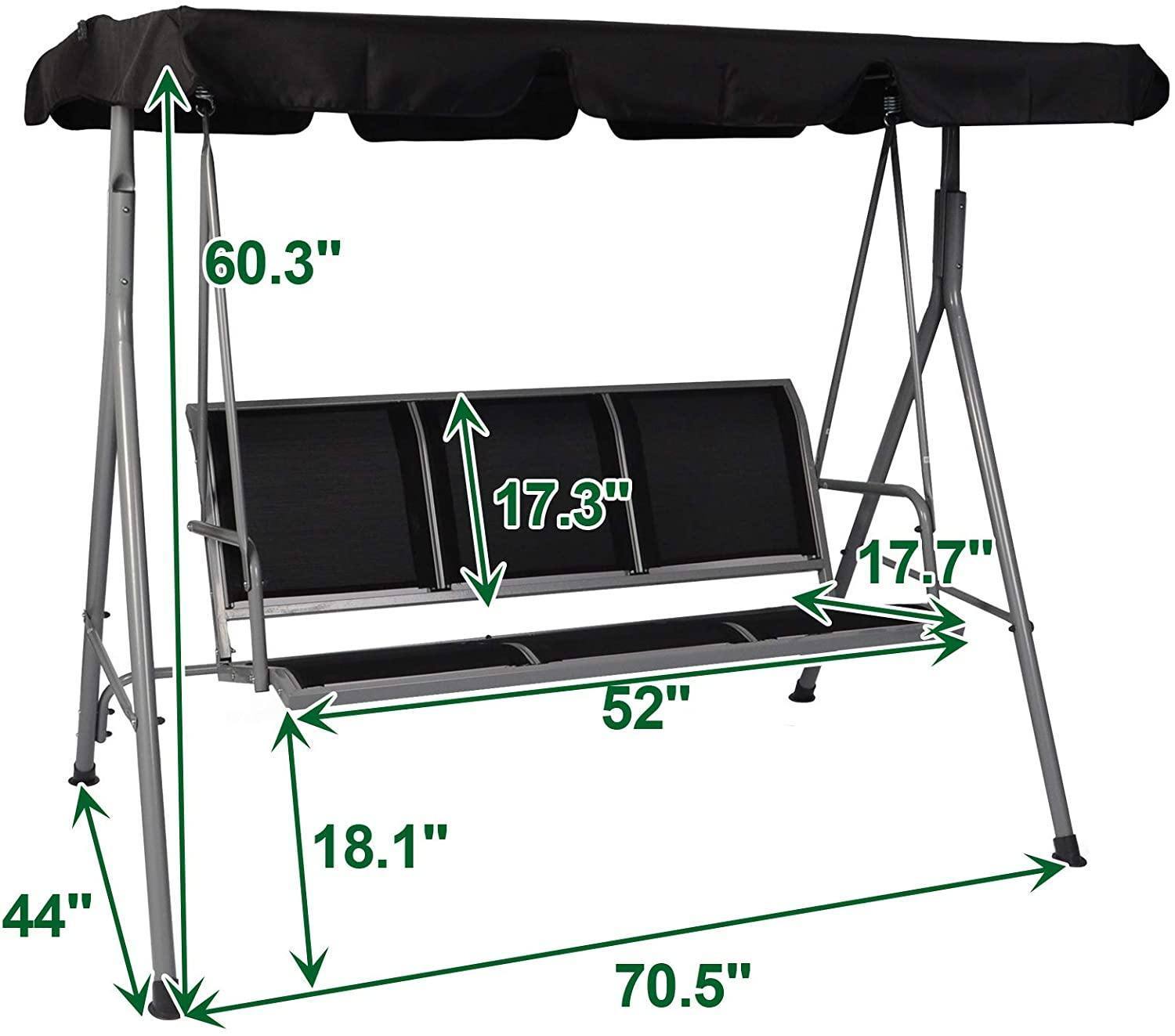 3 Person Outdoor Swing Chair Adjustable Canopy Hammock Seats, Patio Porch Garden Swing, Black Black Metal