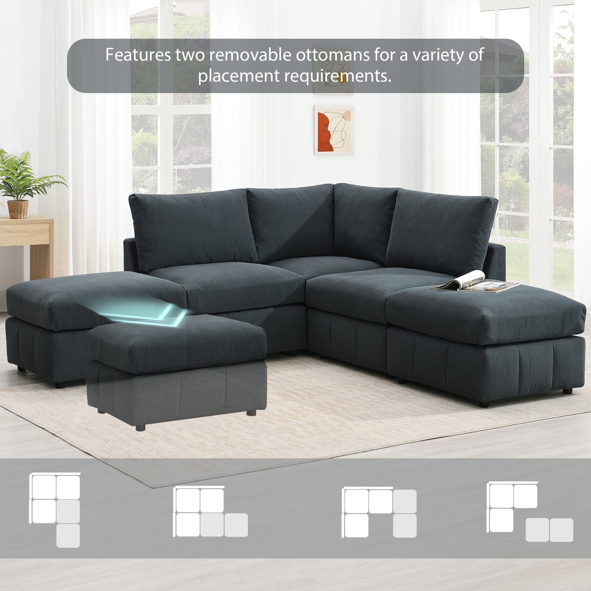 93"Modern Sectional Sofa With Vertical Stripes,5 Seat Armless Couch Set With Convertible Ottomans,Various Combinations,L Shape Indoor Furniture For Living Room,Apartment, 2 Colors Dark Grey Corduroy 5 Seat