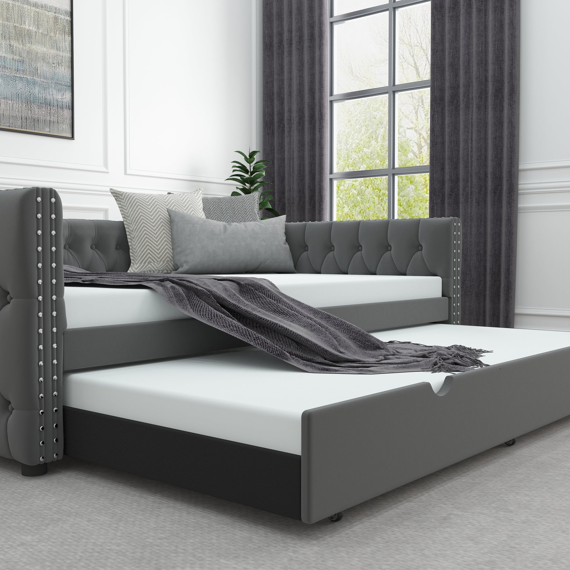 Daybed With Trundle Velvet Upholstered Tufted Sofa Bed, With Button And Copper Nail Onsquare Arms,Full Daybed & Twin Trundle For Bedroom, Living Room, Guest Room, 83"X57"X26" Full Grey Velvet