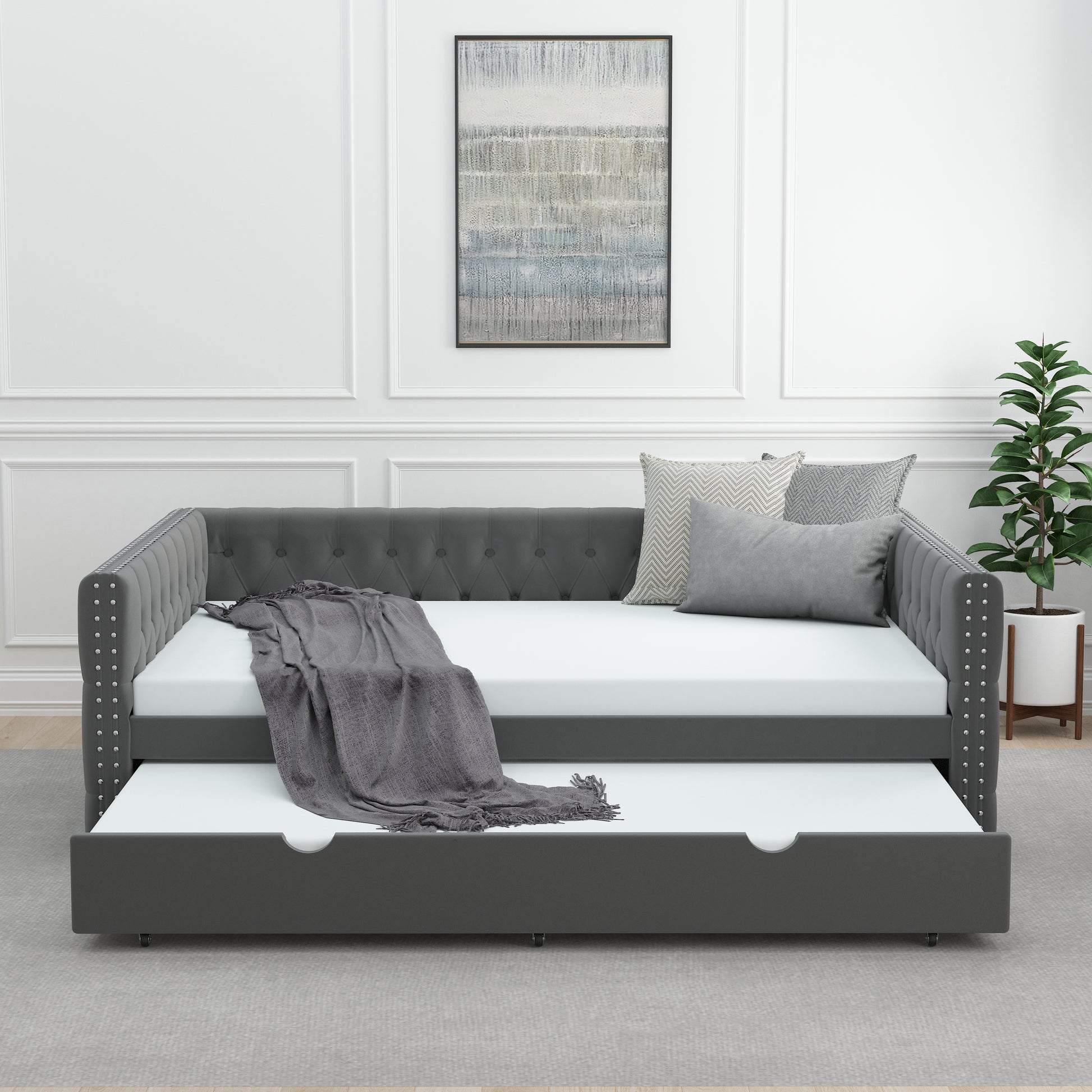 Daybed With Trundle Velvet Upholstered Tufted Sofa Bed, With Button And Copper Nail Onsquare Arms,Full Daybed & Twin Trundle For Bedroom, Living Room, Guest Room, 83"X57"X26" Full Grey Velvet