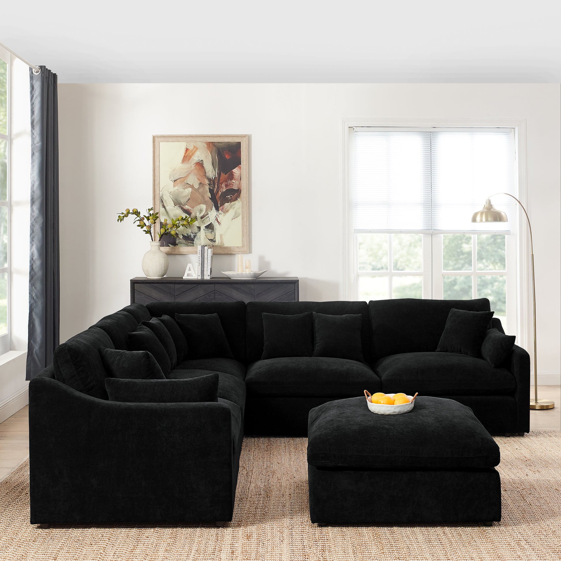 6 Seats Modular L Shaped Sectional Sofa With Ottoman,10 Pillows, Oversized Upholstered Couch W Removabled Down Filled Seat Cushion For Living Room, Chenille Black Black Chenille Wood Primary Living