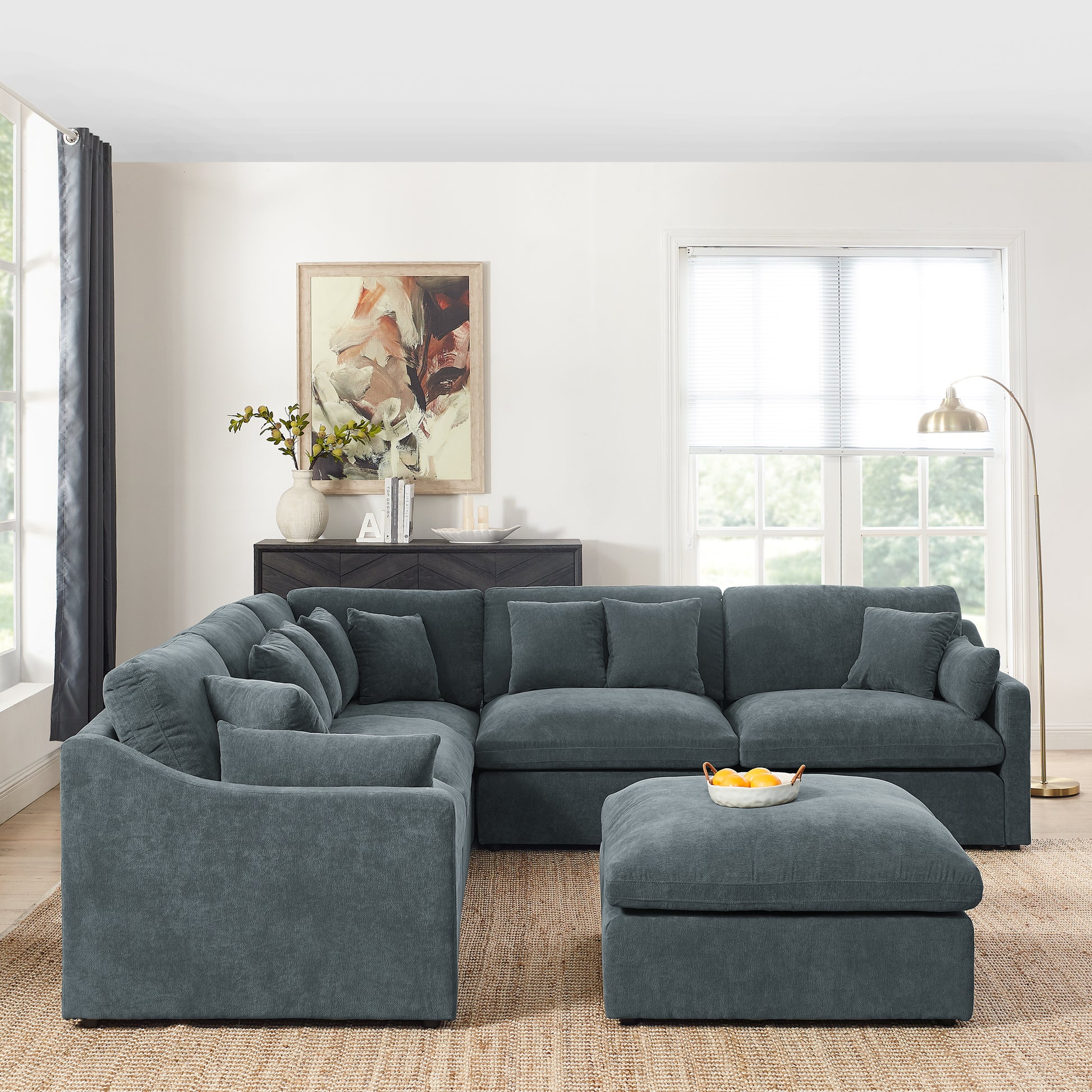 6 Seats Modular L Shaped Sectional Sofa With Ottoman,10 Pillows, Oversized Upholstered Couch W Removabled Down Filled Seat Cushion For Living Room, Chenille Grey Dark Grey Chenille Wood Primary Living Space Soft Pillow Back Eucalyptus Square Arms Foam