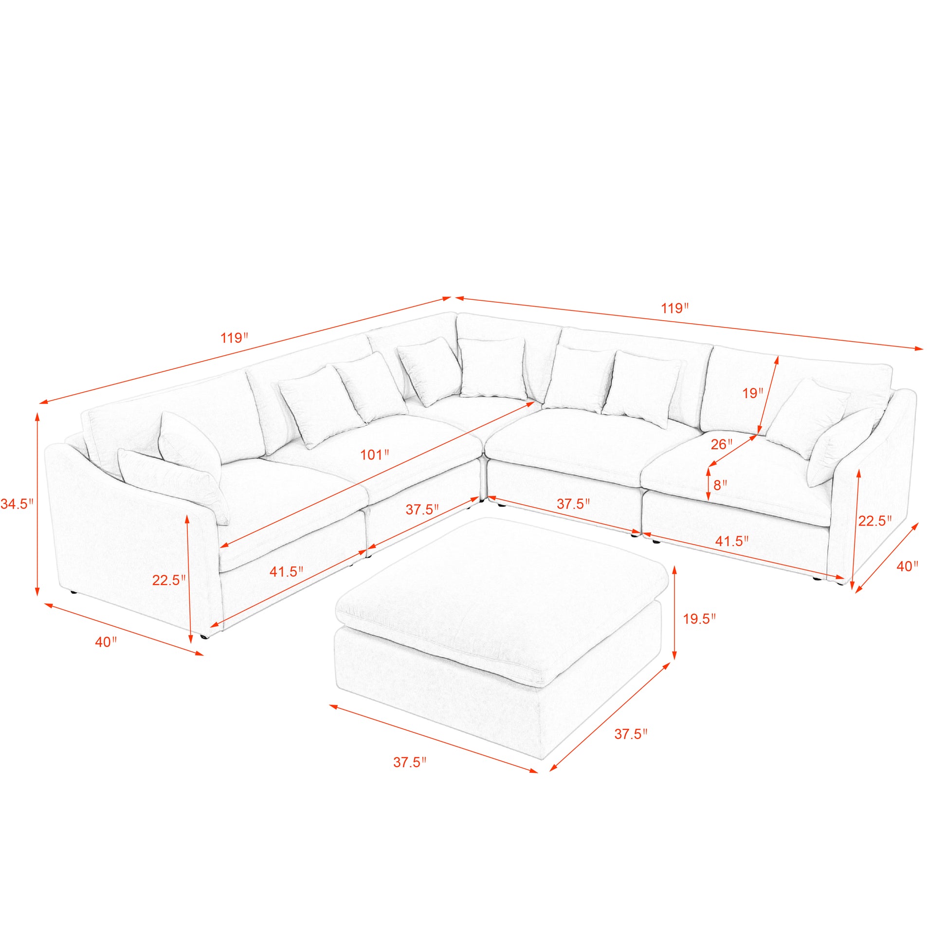 6 Seats Modular L Shaped Sectional Sofa With Ottoman,10 Pillows, Oversized Upholstered Couch W Removabled Down Filled Seat Cushion For Living Room, Chenille Grey Dark Grey Chenille Wood Primary Living Space Soft Pillow Back Eucalyptus Square Arms Foam