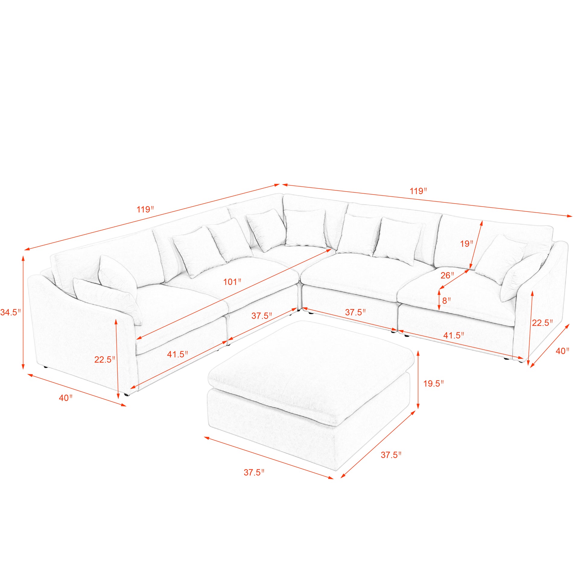 6 Seats Modular L Shaped Sectional Sofa With Ottoman,10 Pillows, Oversized Upholstered Couch W Removabled Down Filled Seat Cushion For Living Room, Chenille Beige Beige Chenille Wood Primary Living Space Soft Pillow Back Eucalyptus Square Arms Foam
