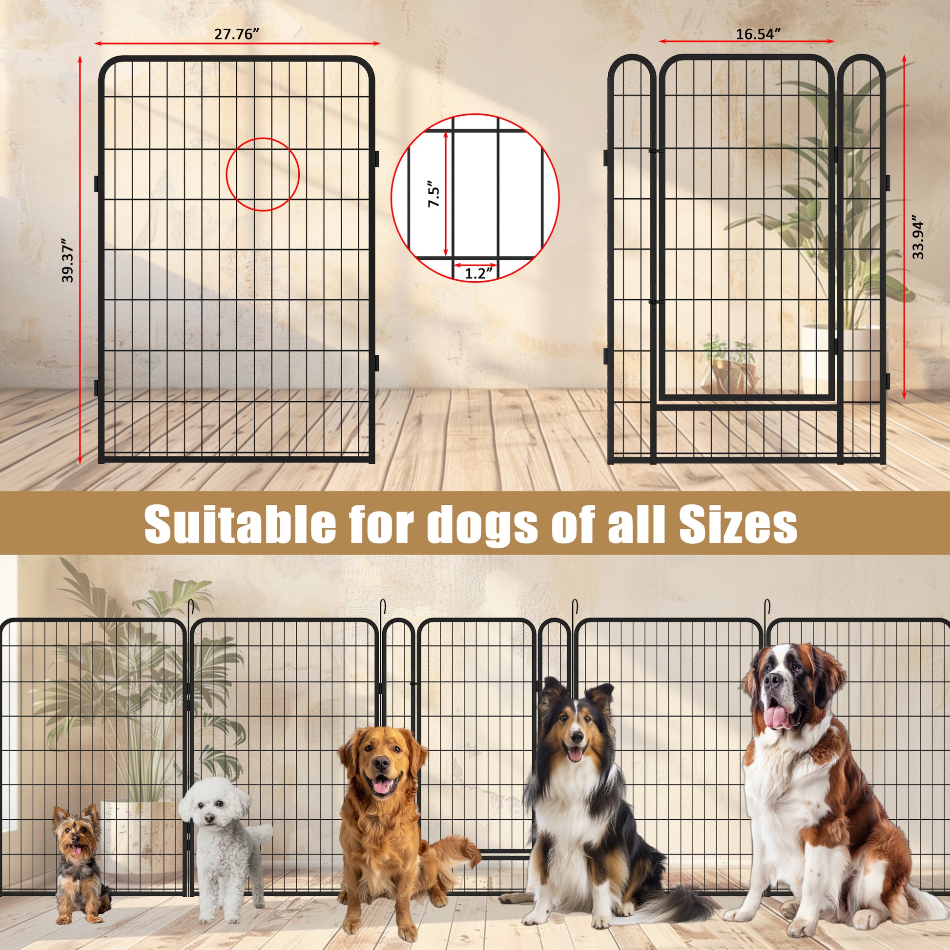 6 Panels Heavy Duty Metal Playpen With Door,39.37"H Dog Fence Pet Exercise Pen For Outdoor, Indoor Black Metal