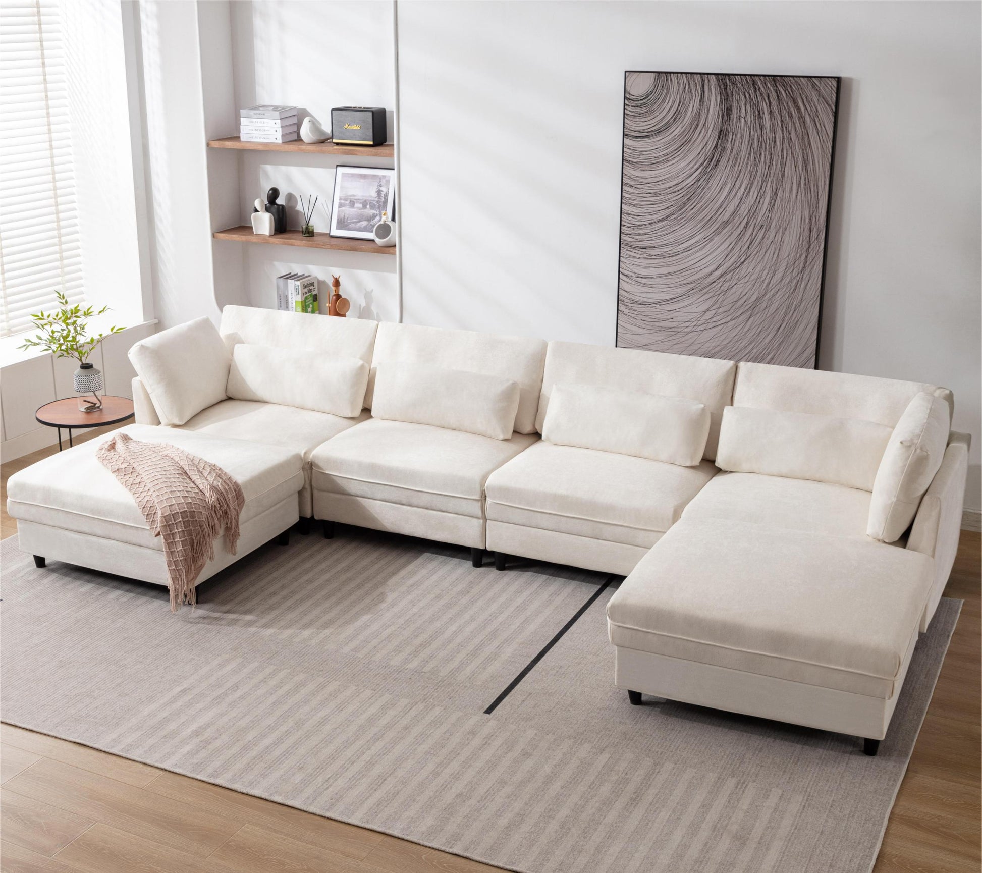 Oversized Modular Sectional Fabric Sofa Set With Waist Pillows, Extra Large U Shaped Couch With Reversible Chaise, 145 Inch Long, 6 Seat Modular Sofa With Ottamans Beige Light Brown Polyester Wood Primary Living Space Medium Soft Cushion Back Modern