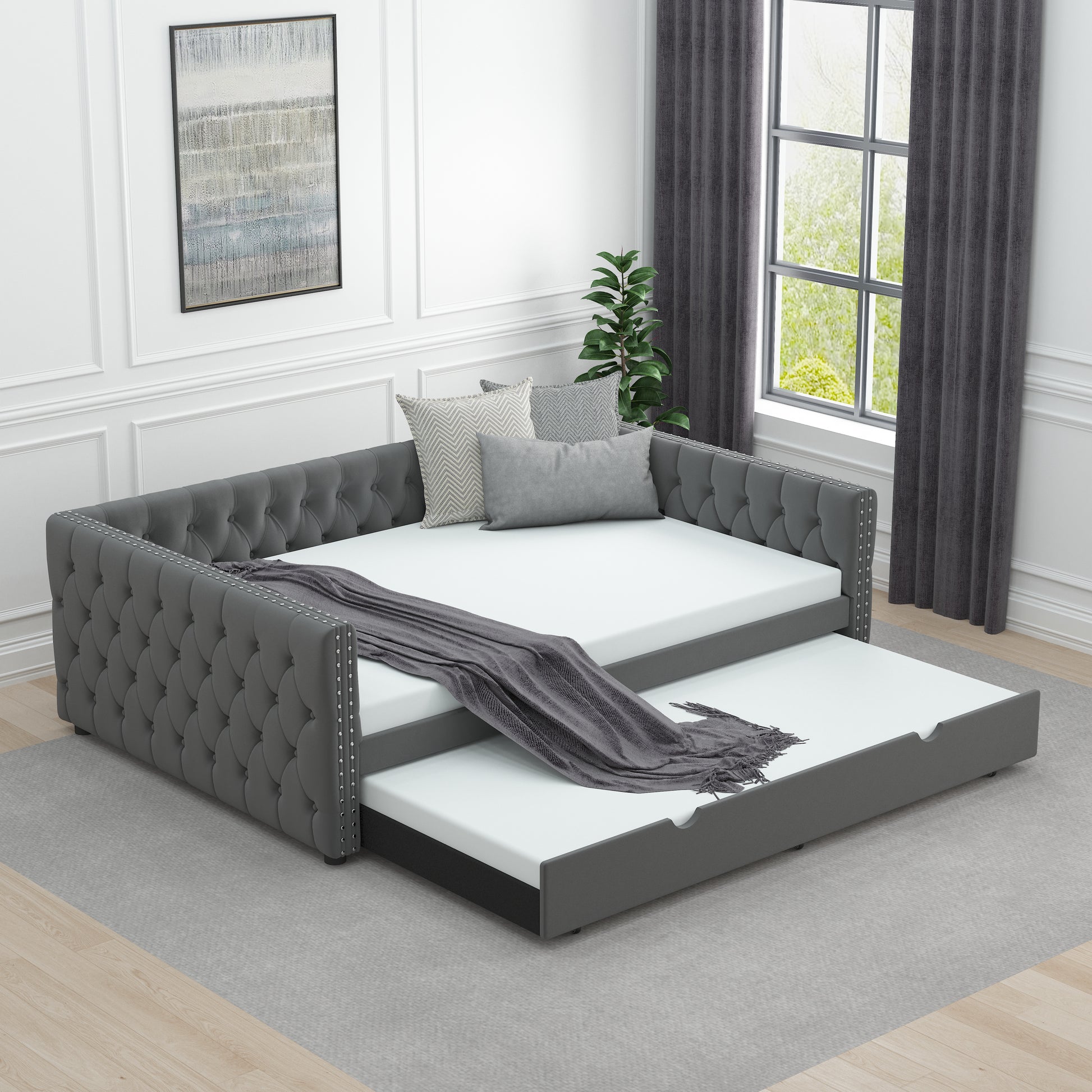 Daybed With Trundle Velvet Upholstered Tufted Sofa Bed, With Button And Copper Nail Onsquare Arms,Full Daybed & Twin Trundle For Bedroom, Living Room, Guest Room, 83"X57"X26" Full Grey Velvet