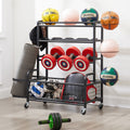 4 Tier Metal Storage Organizer With Rolling Wheels For Basketball Sports Equipment Organizer For Yoga Mat Larger Ball Storage Rack With Baskets And Hooks, Indoor Or Outdoor For Tennis Racket,Football Black Gym American Design,Retro Metal