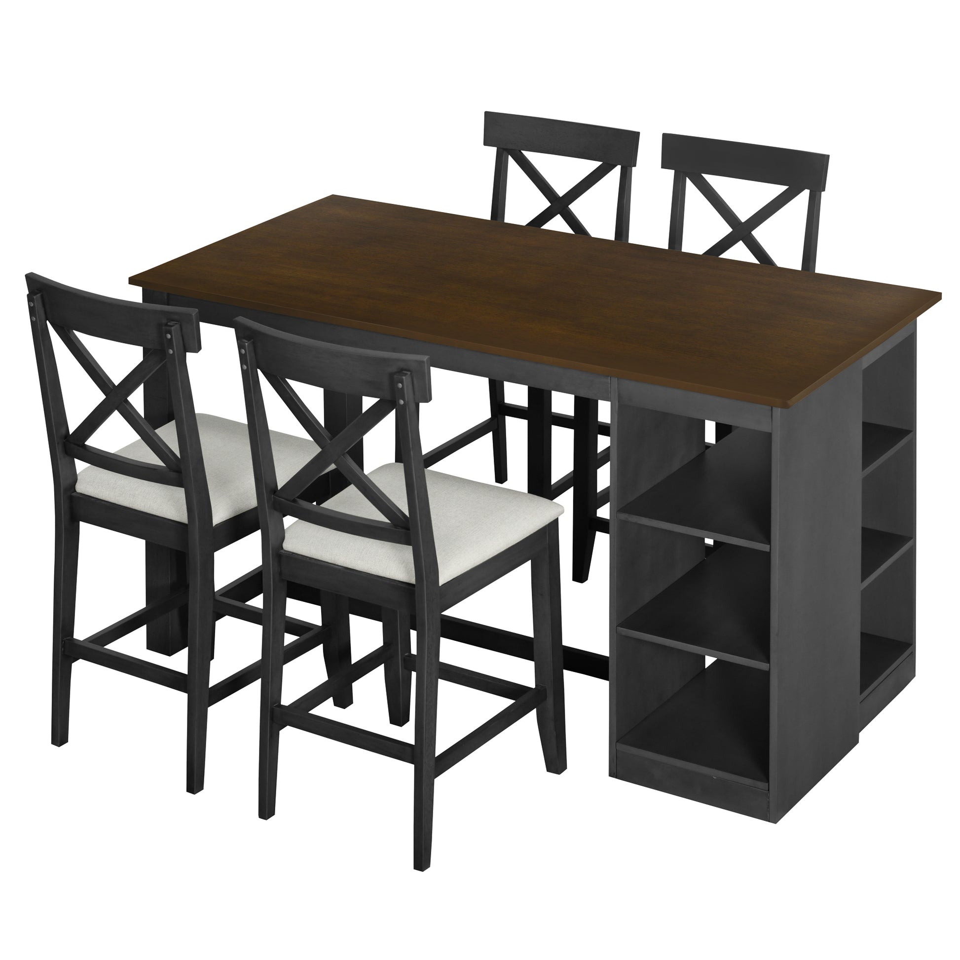 60"Lx30"W Solid Wood Farmhouse Counter Height Dining Table Set With 3 Tier Storage Shelves, Upholstered Dining Chairs For 4, 5 Piece, Gray Wood Dining Room Solid Wood Rubberwood Rectangular Dining Table With Chair Wood Wood Gray Seats 4 Farmhouse 4 Leg