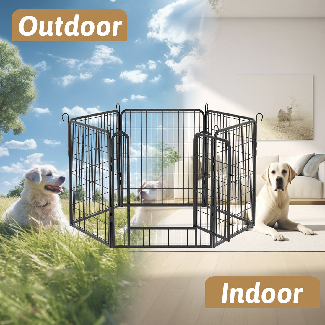 6 Panels Heavy Duty Metal Playpen With Door,31.7"H Dog Fence Pet Exercise Pen For Outdoor, Indoor Black Metal