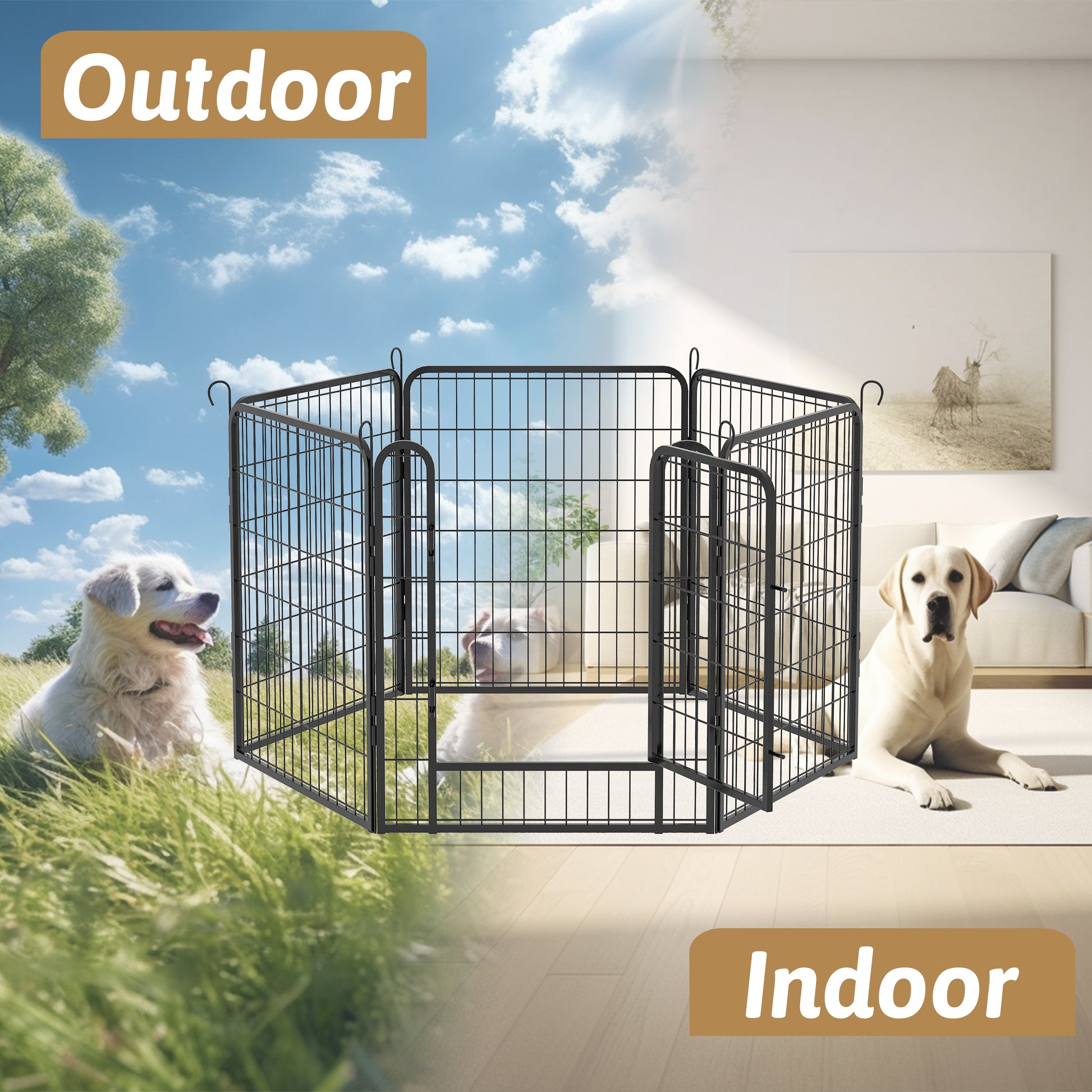 6 Panels Heavy Duty Metal Playpen With Door,31.7"H Dog Fence Pet Exercise Pen For Outdoor, Indoor Black Metal