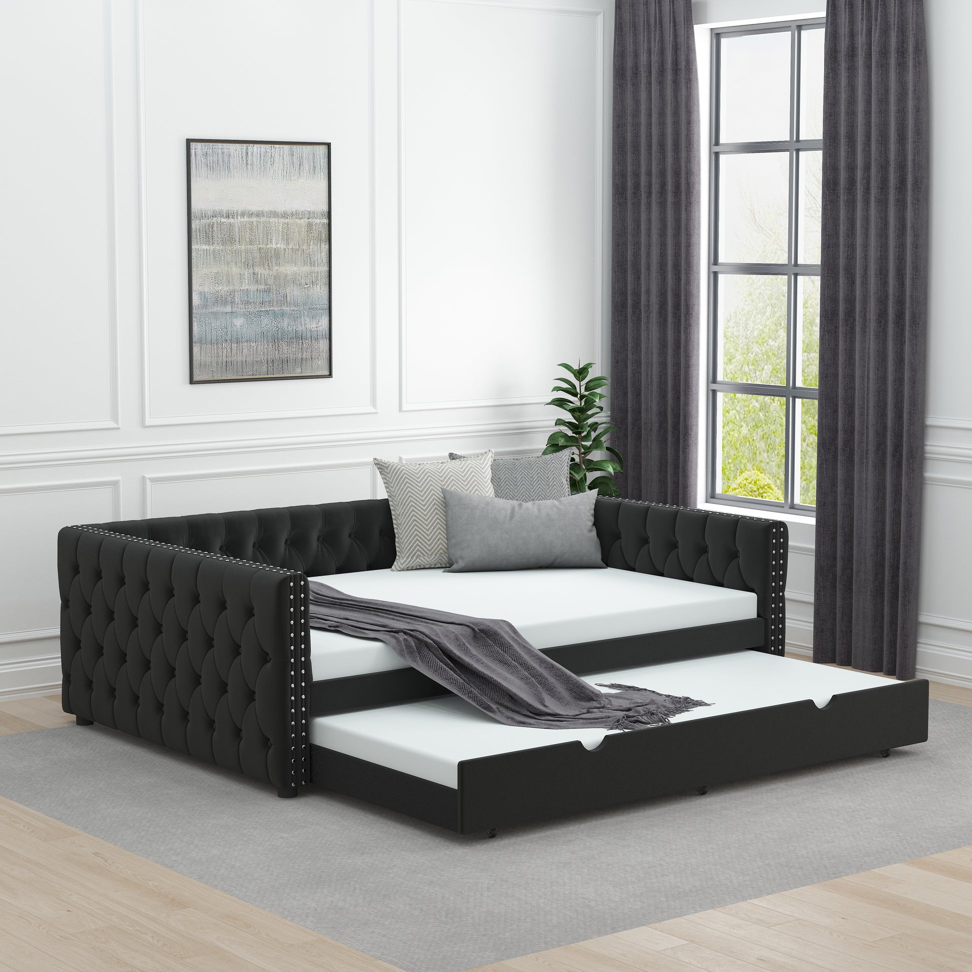 Daybed With Trundle Velvet Upholstered Tufted Sofa Bed, With Button And Copper Nail Onsquare Arms,Full Daybed & Twin Trundle For Bedroom, Living Room, Guest Room, 83"X57"X26" Full Black Velvet