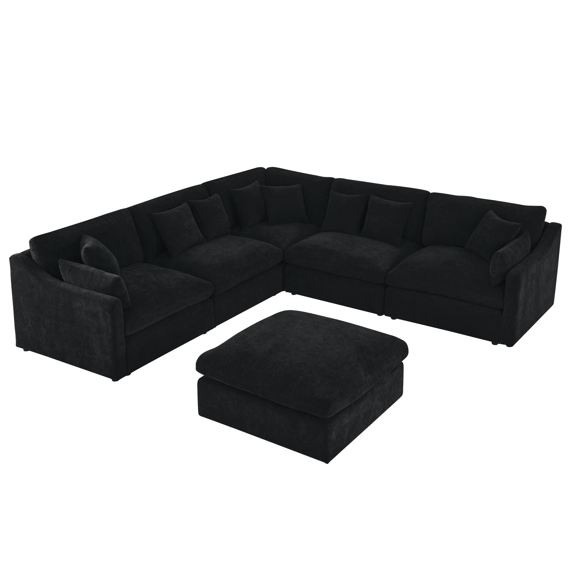 6 Seats Modular L Shaped Sectional Sofa With Ottoman,10 Pillows, Oversized Upholstered Couch W Removabled Down Filled Seat Cushion For Living Room, Chenille Black Black Chenille Wood Primary Living