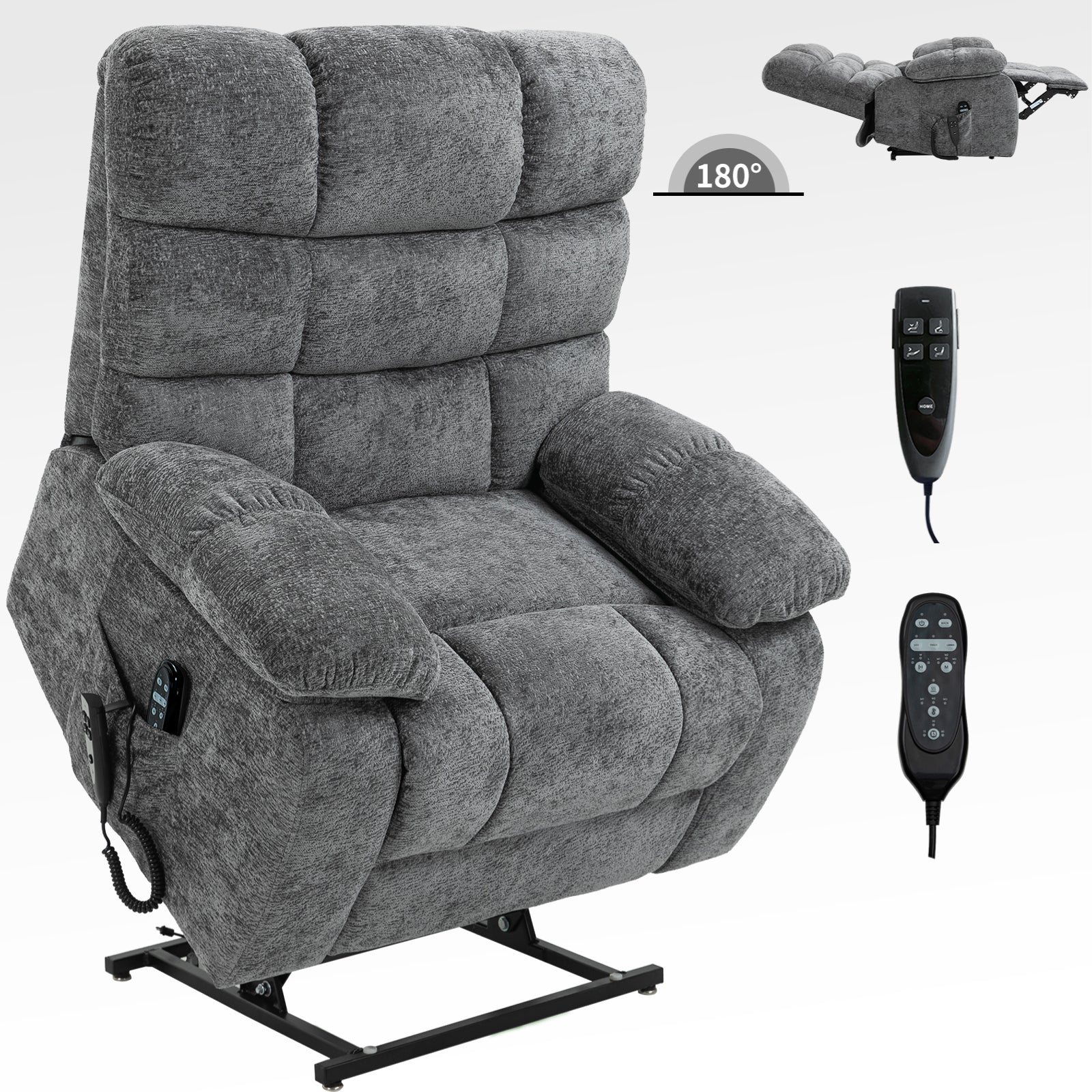 Lift Recliner Chair Heat Massage Dual Motor Infinite Position Up To 350 Lbs Large Electric Power Lift Recliners With Power Remote, Medium Firm And Heavy Duty, Grey White Metal Primary Living Space Heavy Duty Pine Grey Chenille Power Remote Medium Firm