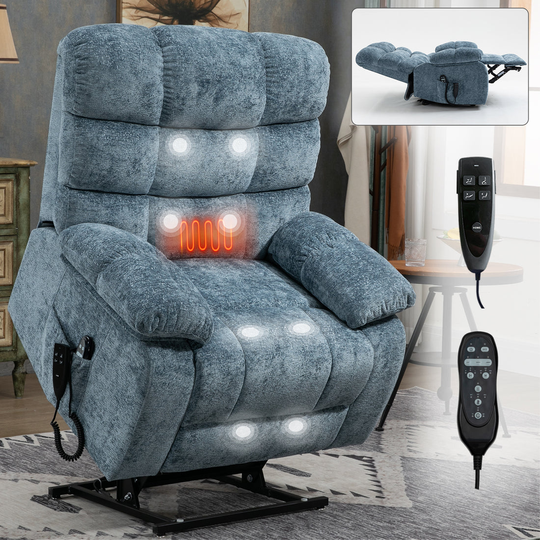 Lift Recliner Chair Heat Massage Dual Motor Infinite Position Up To 350 Lbs Large Electric Power Lift Recliners With Power Remote, Medium Firm And Heavy Duty, Blue White Metal Primary Living Space Heavy Duty Pine Blue Chenille Power Remote Medium Firm