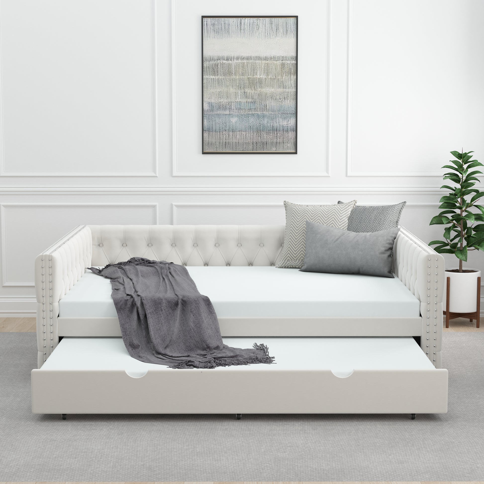 Daybed With Trundle Velvet Upholstered Tufted Sofa Bed, With Button And Copper Nail Onsquare Arms,Full Daybed & Twin Trundle For Bedroom, Living Room, Guest Room, 83"X57"X26" Full Beige Velvet