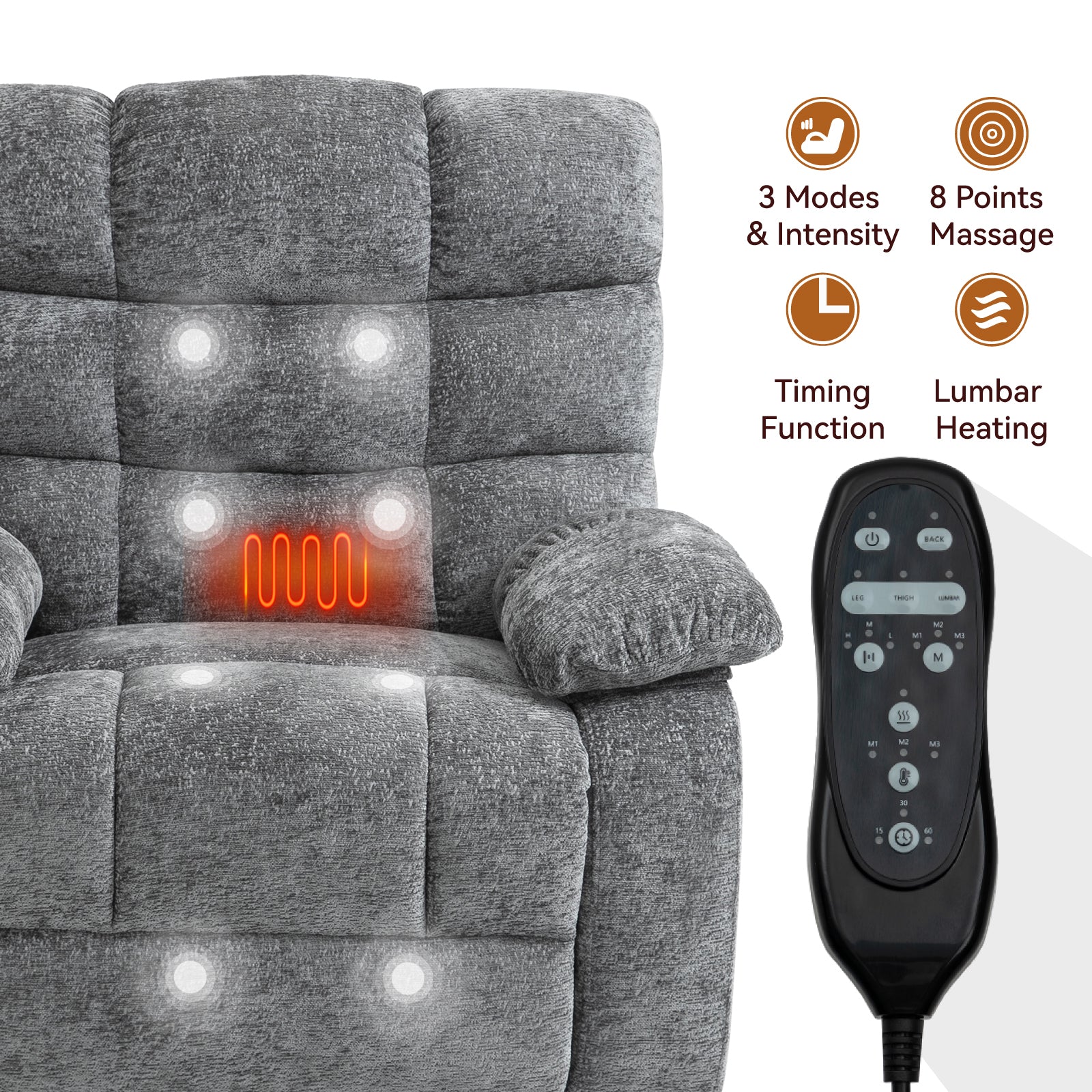 Lift Recliner Chair Heat Massage Dual Motor Infinite Position Up To 350 Lbs Large Electric Power Lift Recliners With Power Remote, Medium Firm And Heavy Duty, Grey White Metal Primary Living Space Heavy Duty Pine Grey Chenille Power Remote Medium Firm