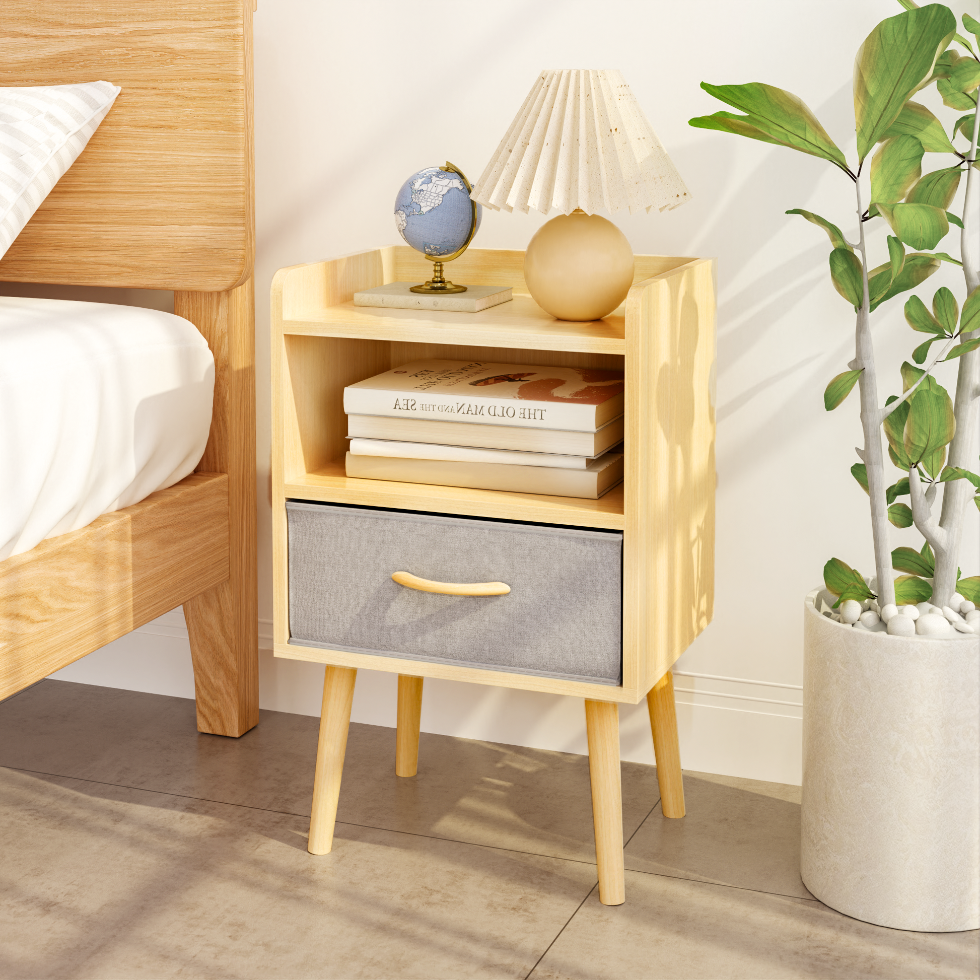 Nightstand With Collapsible Fabric Drawer, 2 Tier Storage End Table, Wood Side Table With Storage Cabinet Or Kids, Adults Oak Oak Engineered Wood