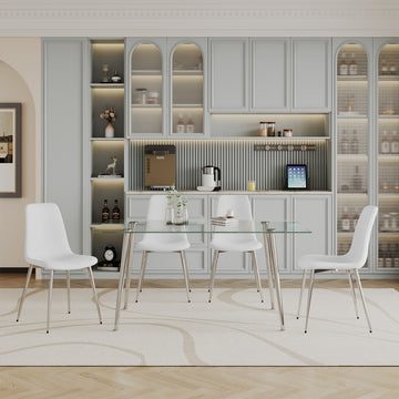 Dining Table Set Of 5, 0.32" Thick Tempered Glass Top Dining Table With Metal Legs And Four Fabric Dining Chairs, Table Size: 62.99" L X 35.43" W X 29.92" H Silver Tempered Glass