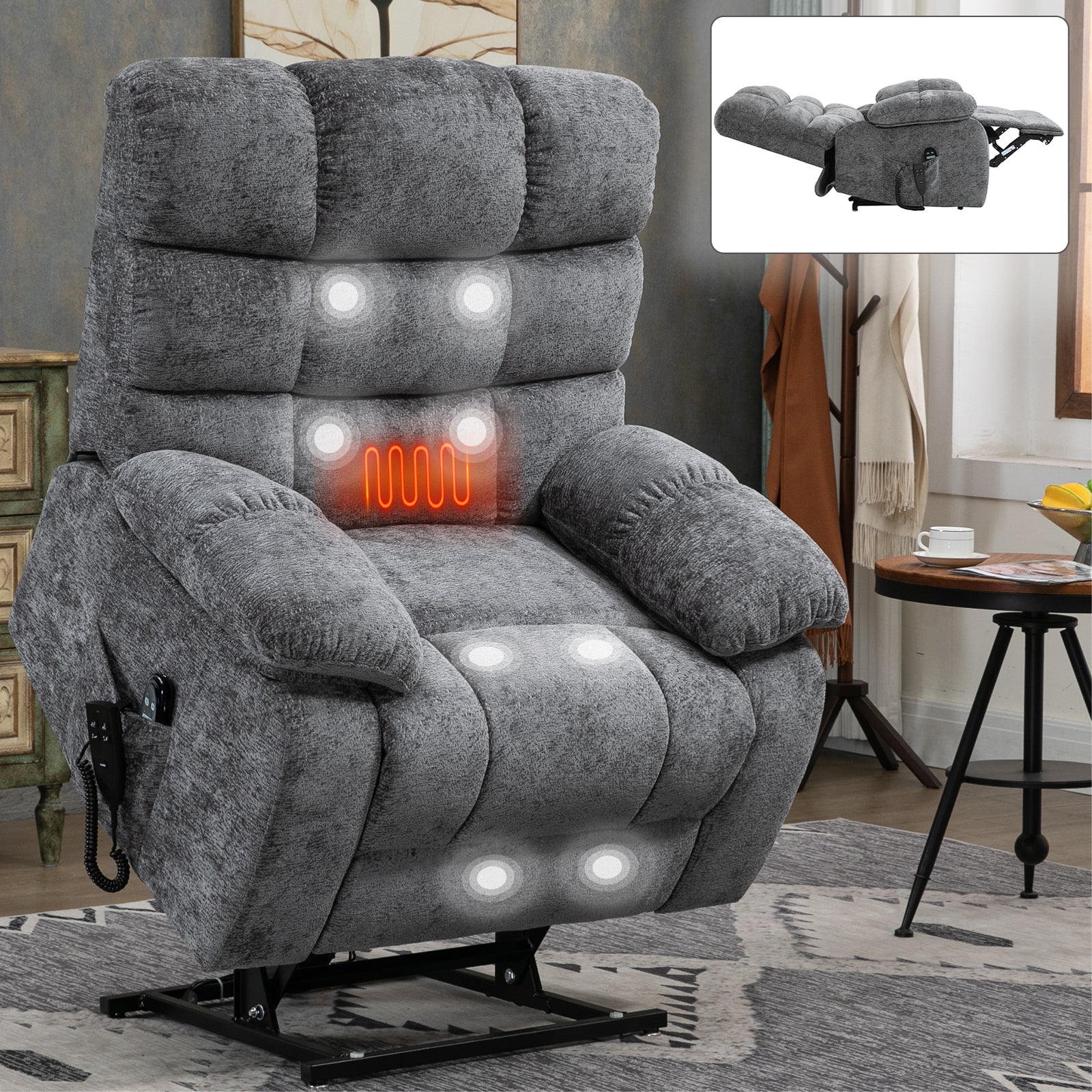 Lift Recliner Chair Heat Massage Dual Motor Infinite Position Up To 350 Lbs Large Electric Power Lift Recliners With Power Remote, Medium Firm And Heavy Duty, Grey White Metal Primary Living Space Heavy Duty Pine Grey Chenille Power Remote Medium Firm