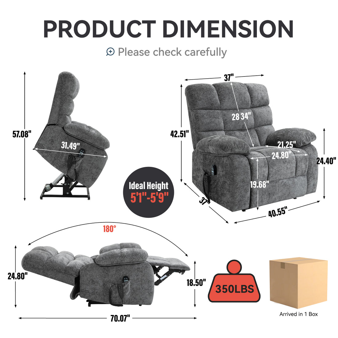 Lift Recliner Chair Heat Massage Dual Motor Infinite Position Up To 350 Lbs Large Electric Power Lift Recliners With Power Remote, Medium Firm And Heavy Duty, Grey White Metal Primary Living Space Heavy Duty Pine Grey Chenille Power Remote Medium Firm