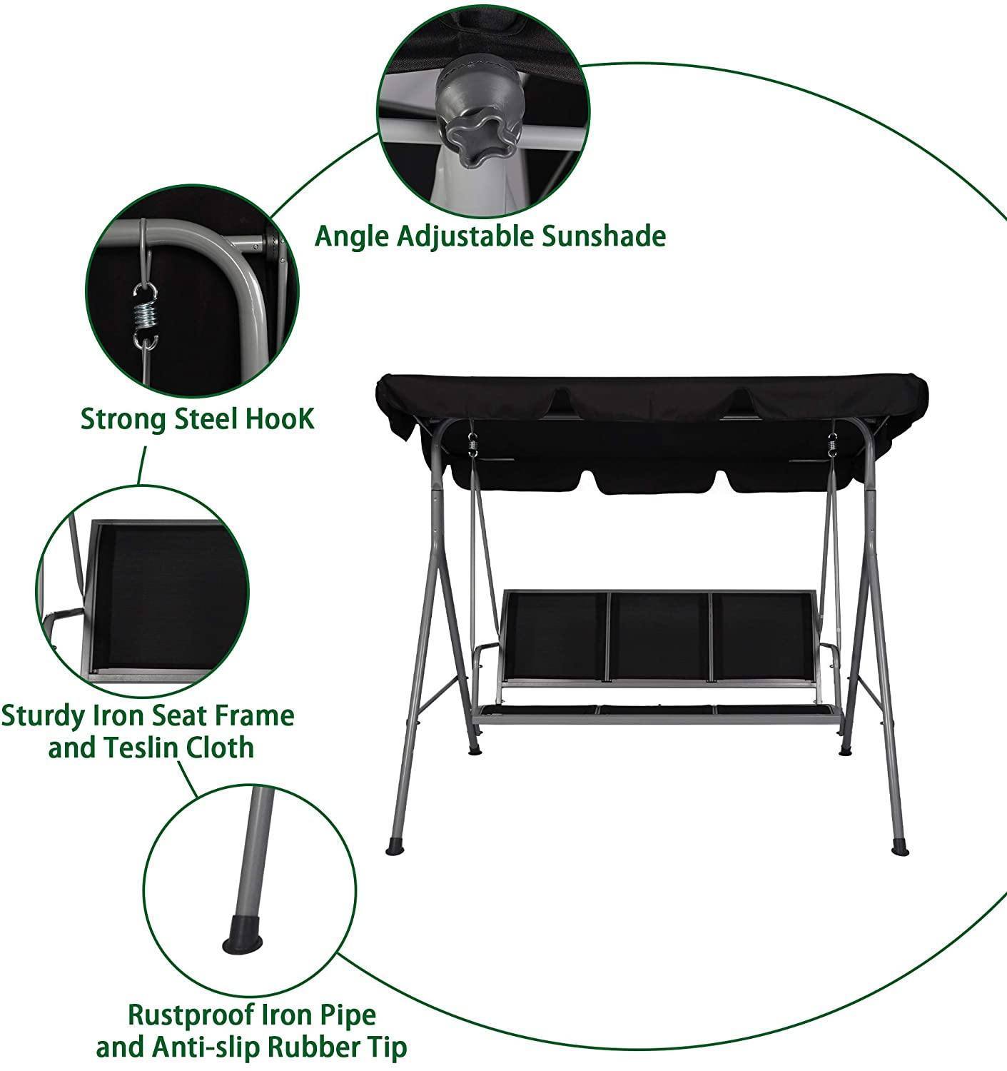 3 Person Outdoor Swing Chair Adjustable Canopy Hammock Seats, Patio Porch Garden Swing, Black Black Metal