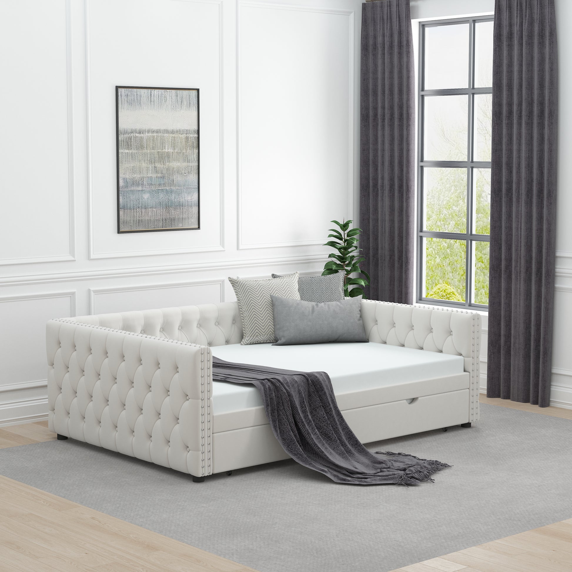 Daybed With Trundle Velvet Upholstered Tufted Sofa Bed, With Button And Copper Nail Onsquare Arms,Full Daybed & Twin Trundle For Bedroom, Living Room, Guest Room, 83"X57"X26" Full Beige Velvet