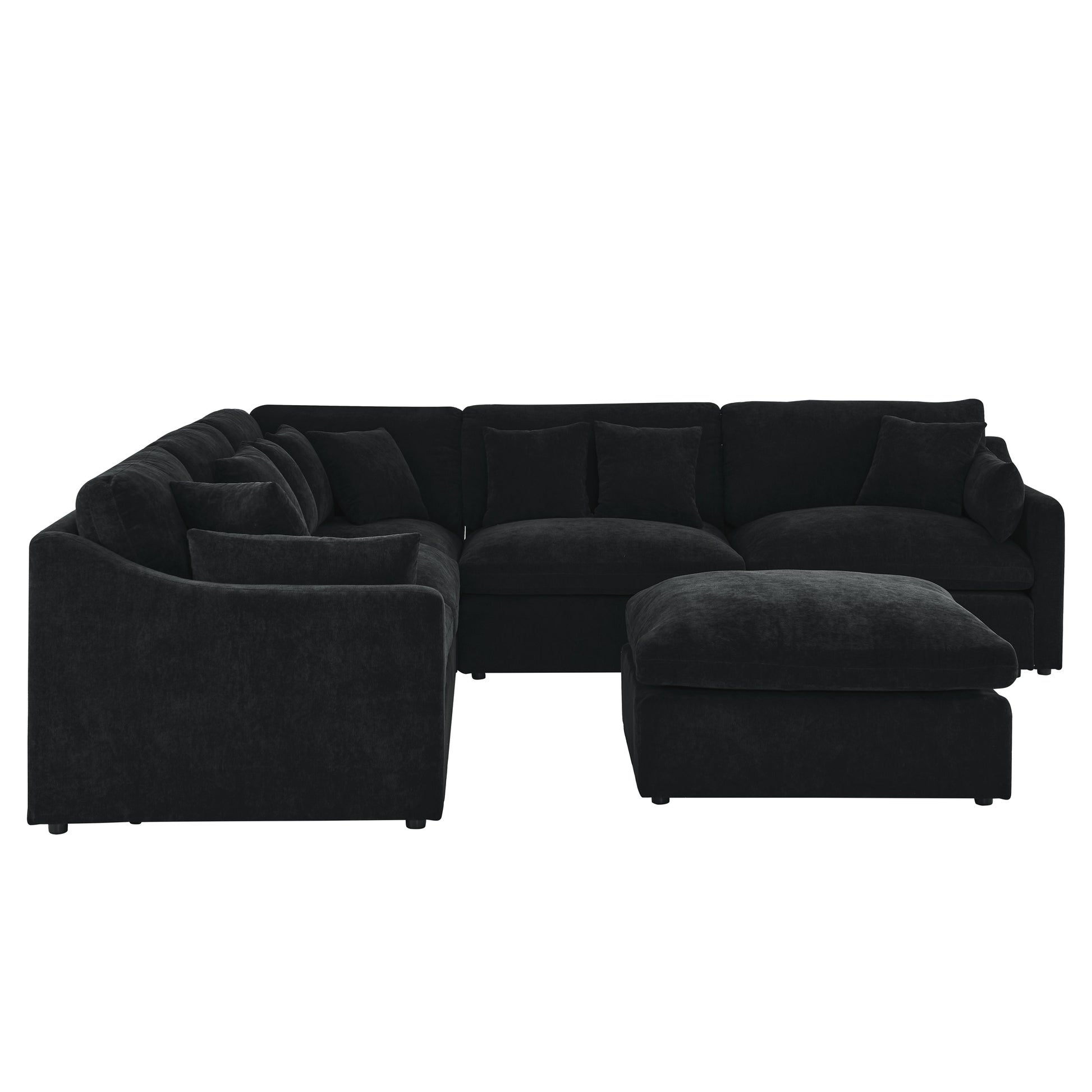 6 Seats Modular L Shaped Sectional Sofa With Ottoman,10 Pillows, Oversized Upholstered Couch W Removabled Down Filled Seat Cushion For Living Room, Chenille Black Black Chenille Wood Primary Living