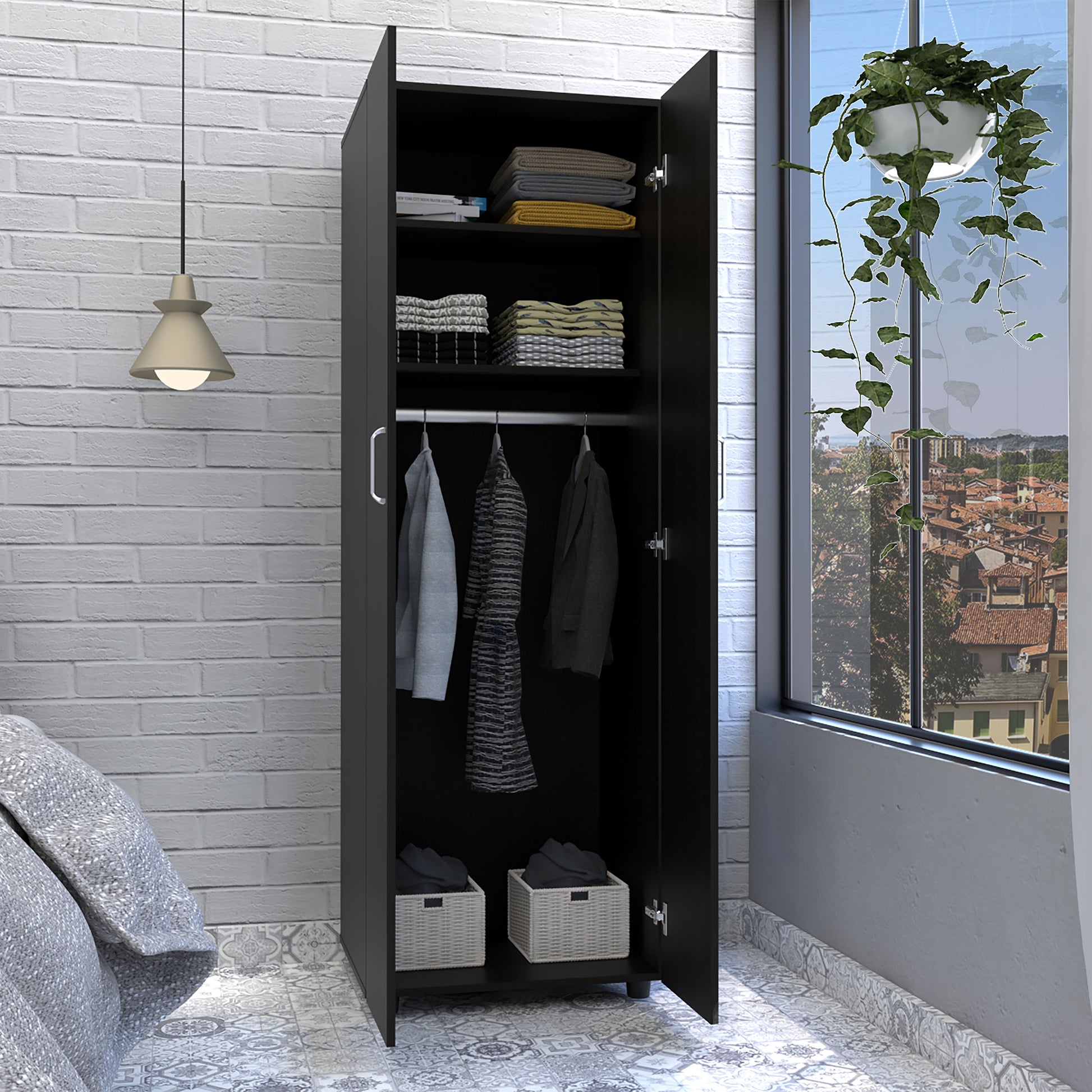 Armoire Organiser 702"H, Two Shelves, Rod, Double Door Cabinet Armoire, Black Black Particle Board Particle Board