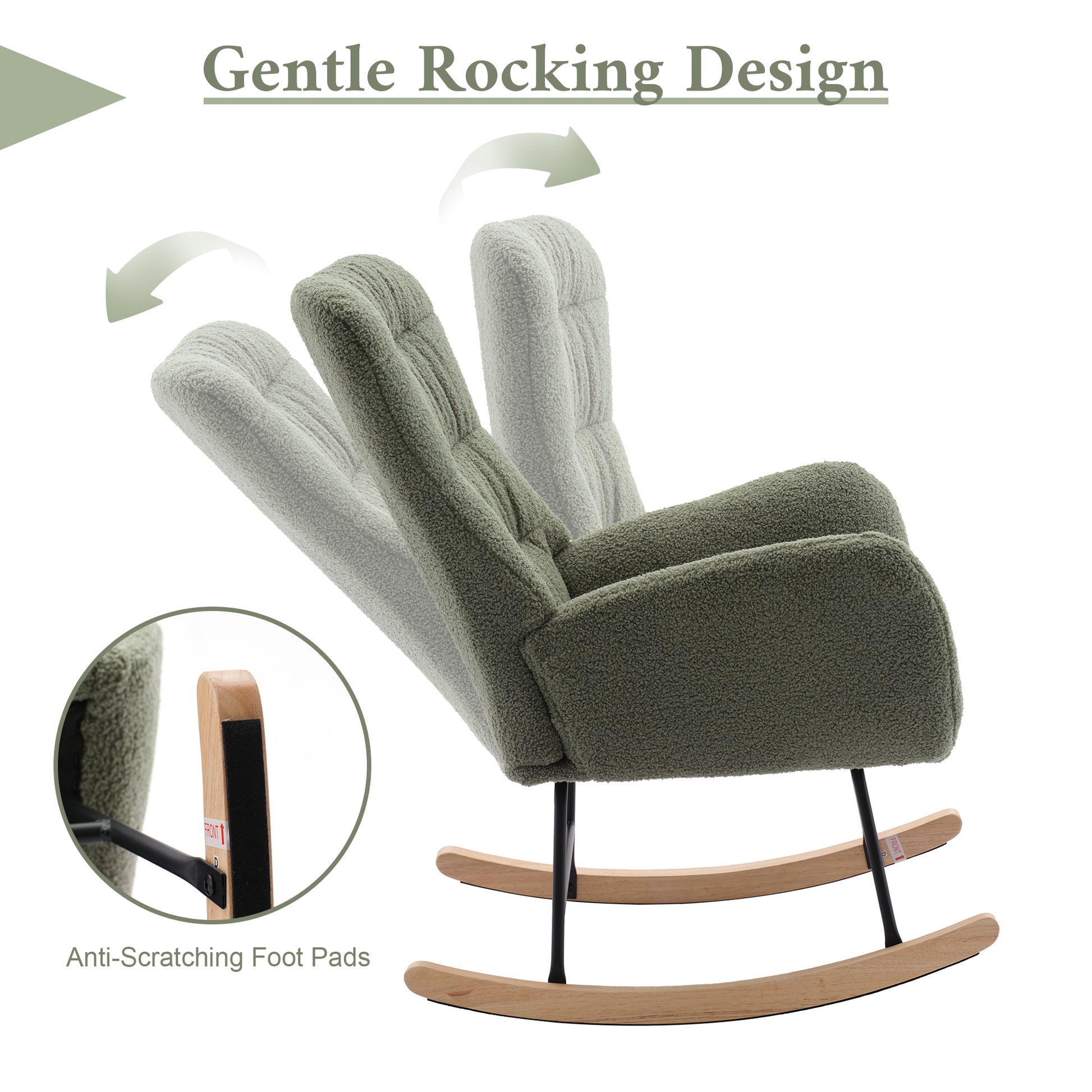 Nursery Rocking Chair, Teddy Upholstered Glider Rocker, Rocking Accent Chair With High Backrest, Comfy Rocking Accent Armchair For Living Room, Bedroom, Offices, Green Iron Green Primary Living Space Varnished Sponge Square Casual Rocking Chairs