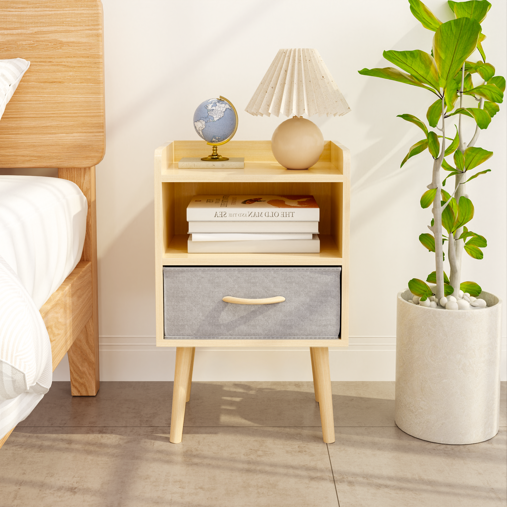 Nightstand With Collapsible Fabric Drawer, 2 Tier Storage End Table, Wood Side Table With Storage Cabinet Or Kids, Adults Oak Oak Engineered Wood