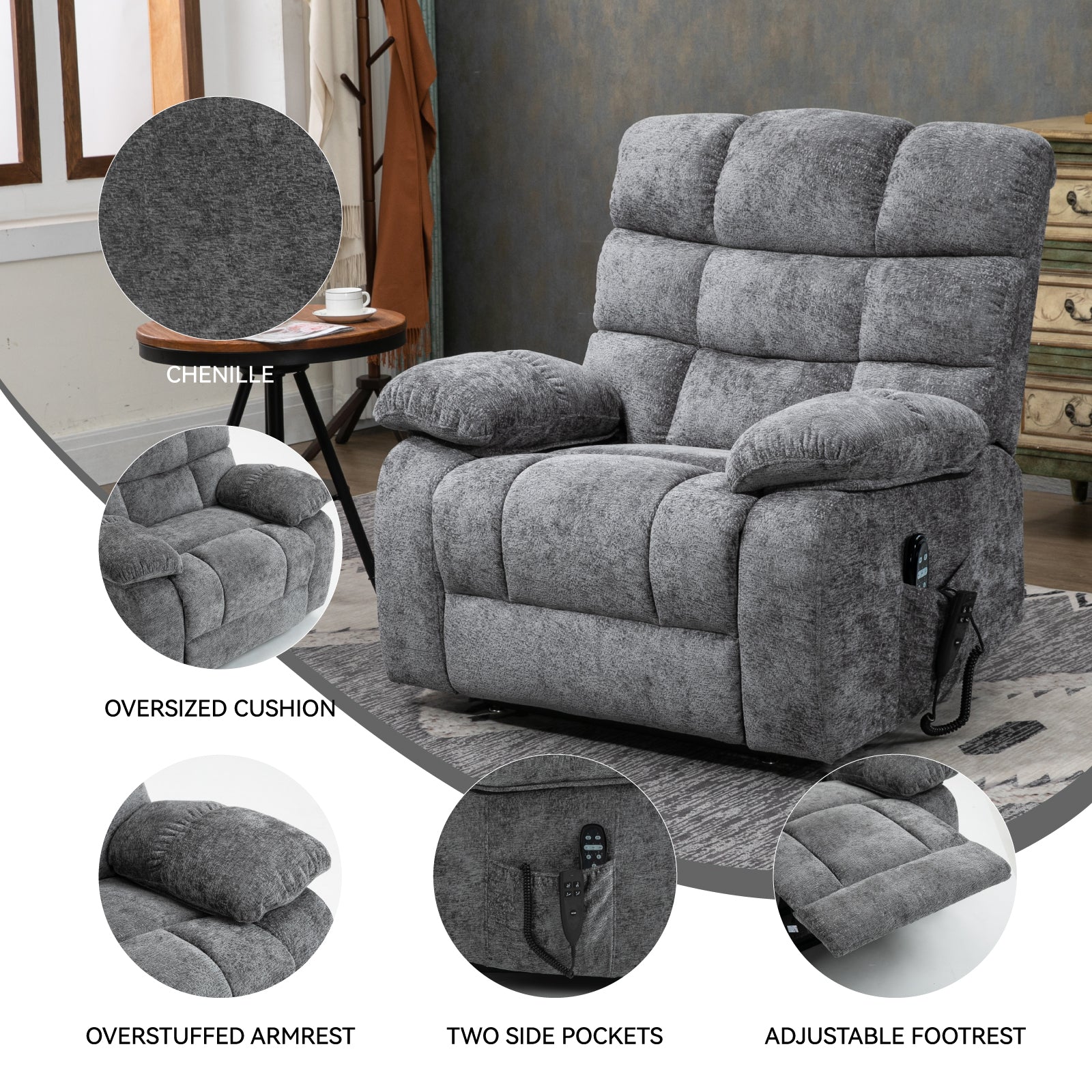 Lift Recliner Chair Heat Massage Dual Motor Infinite Position Up To 350 Lbs Large Electric Power Lift Recliners With Power Remote, Medium Firm And Heavy Duty, Grey White Metal Primary Living Space Heavy Duty Pine Grey Chenille Power Remote Medium Firm