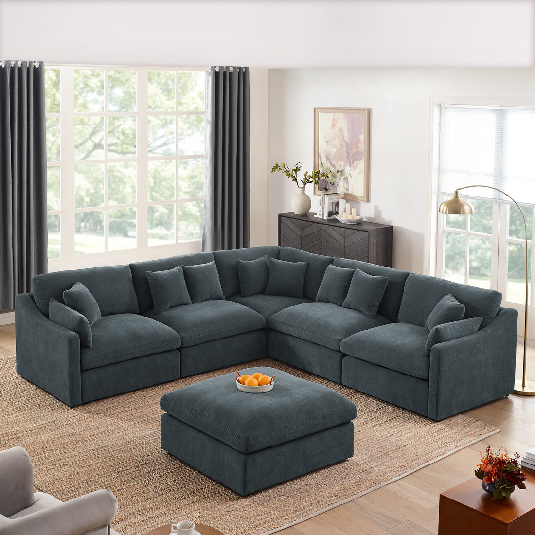 6 Seats Modular L Shaped Sectional Sofa With Ottoman,10 Pillows, Oversized Upholstered Couch W Removabled Down Filled Seat Cushion For Living Room, Chenille Grey Dark Grey Chenille Wood Primary Living Space Soft Pillow Back Eucalyptus Square Arms Foam