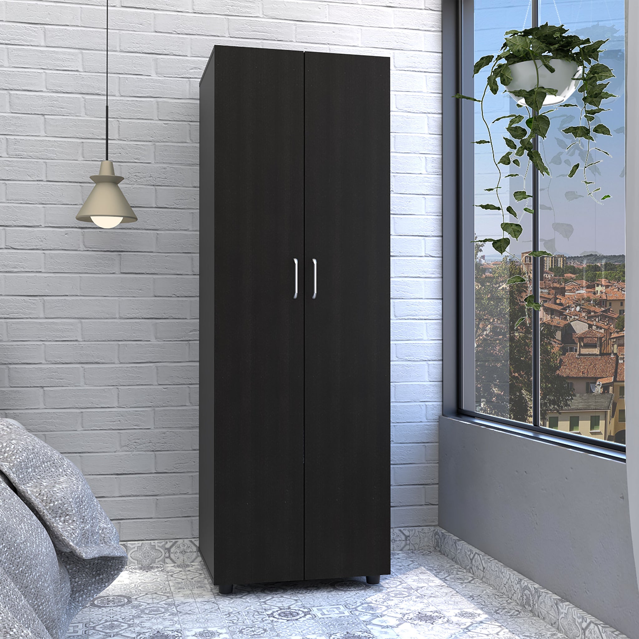 Armoire Organiser 70.8"H, Two Shelves, Rod, Double Door Cabinet Armoire, Black Black Particle Board Particle Board