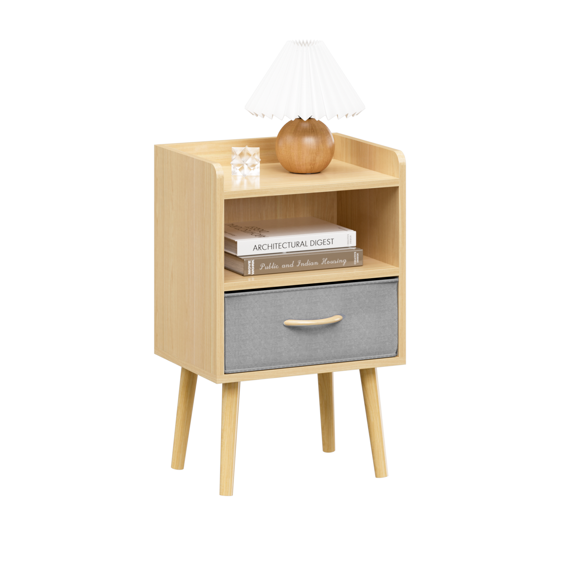 Nightstand With Collapsible Fabric Drawer, 2 Tier Storage End Table, Wood Side Table With Storage Cabinet Or Kids, Adults Oak Oak Engineered Wood