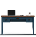 Nantucket 53 Inch Writing Desk, No Assembly Required, Blue Denim And Whiskey Finish Blue Keyboard Tray Writting Desk Office Coastal,Farmhouse Freestanding Poplar Rectangular Drawers Desk Wood