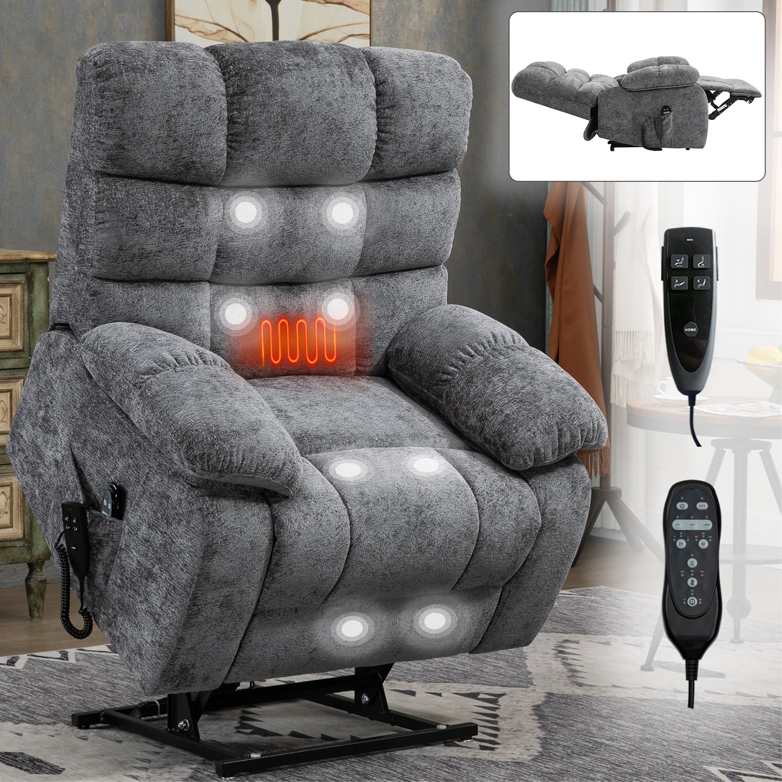 Lift Recliner Chair Heat Massage Dual Motor Infinite Position Up To 350 Lbs Large Electric Power Lift Recliners With Power Remote, Medium Firm And Heavy Duty, Grey White Metal Primary Living Space Heavy Duty Pine Grey Chenille Power Remote Medium Firm