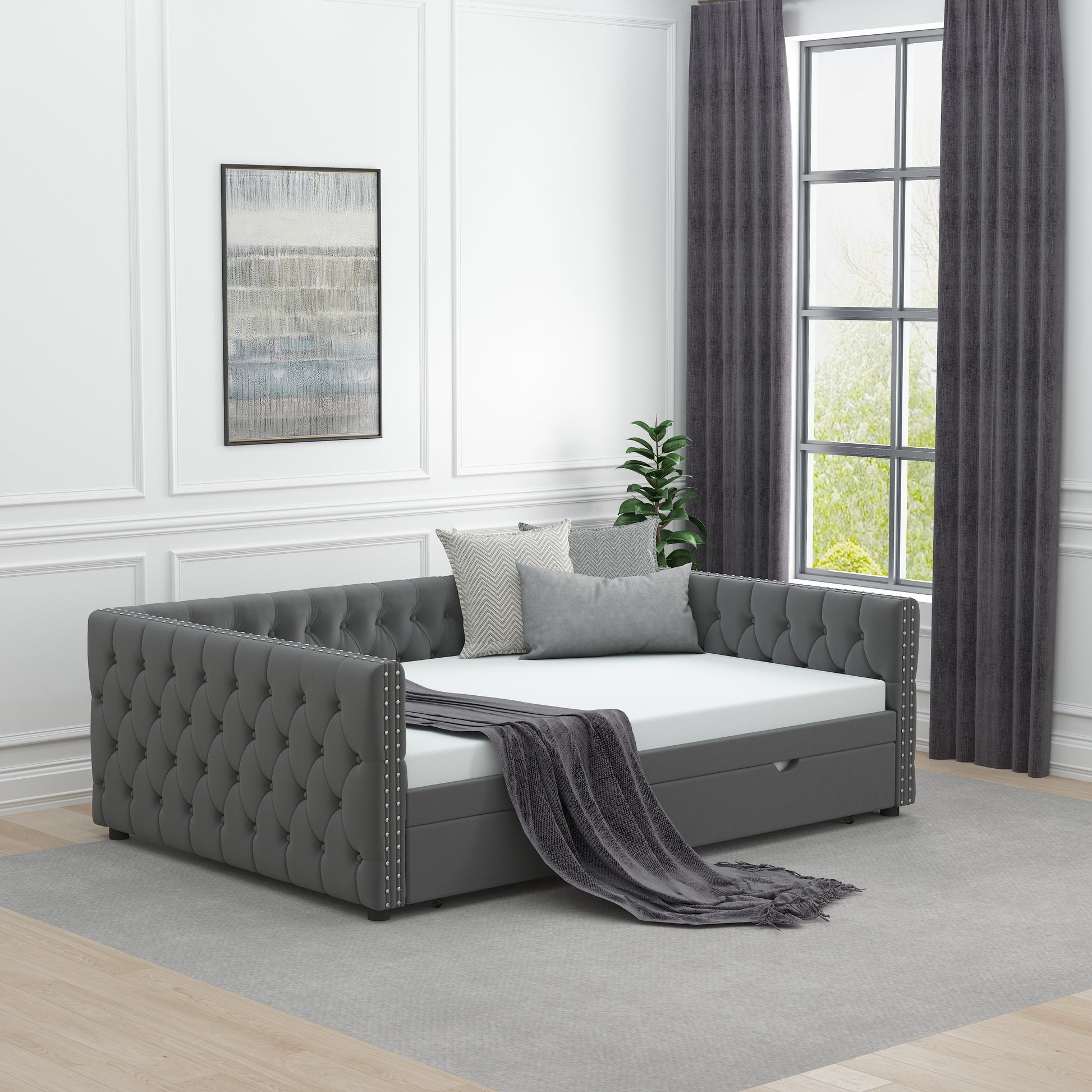 Daybed With Trundle Velvet Upholstered Tufted Sofa Bed, With Button And Copper Nail Onsquare Arms,Full Daybed & Twin Trundle For Bedroom, Living Room, Guest Room, 83"X57"X26" Full Grey Velvet