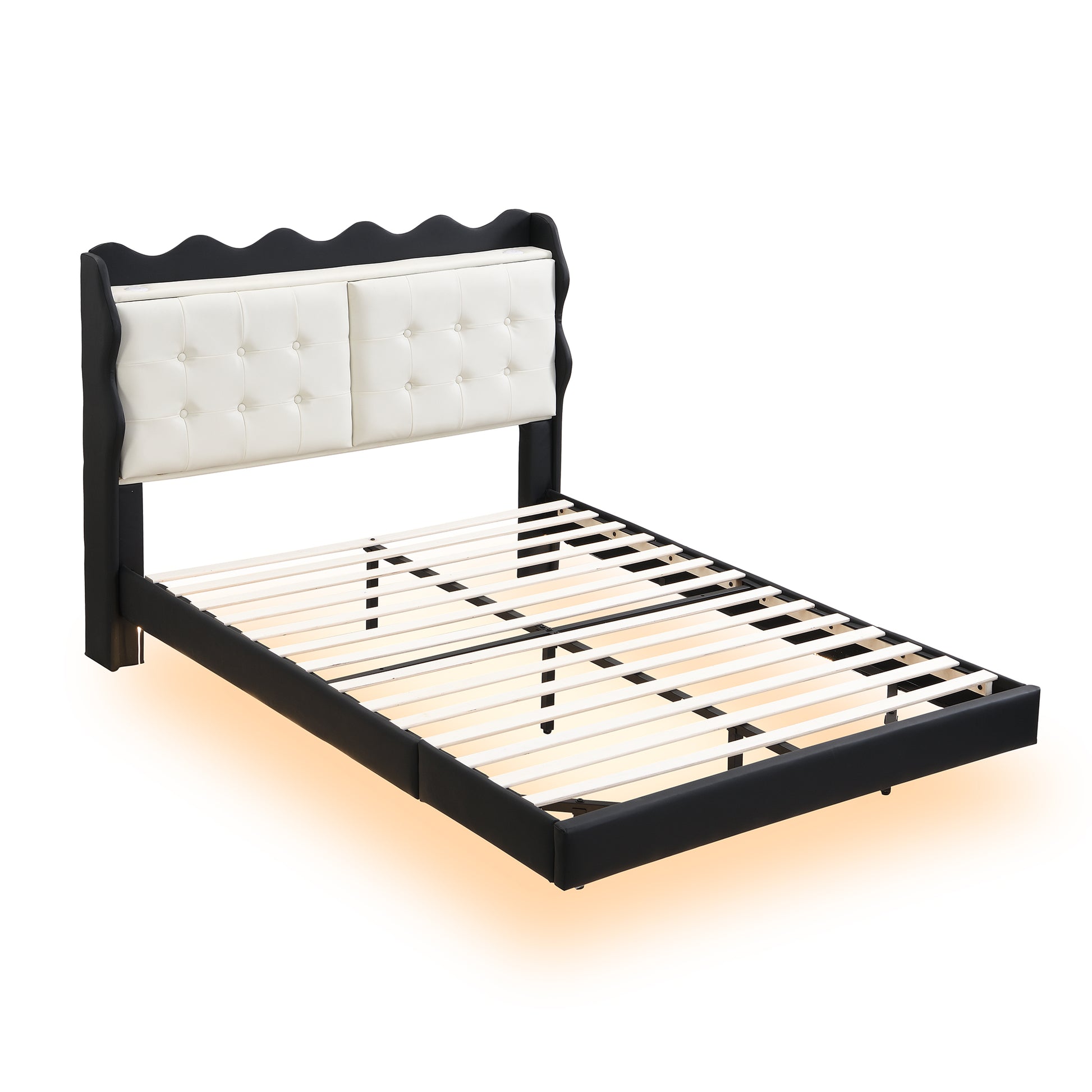 Full Size Upholstery Platform Bed Frame With Led Light Strips And Built In Storage Space,Black Black Upholstered