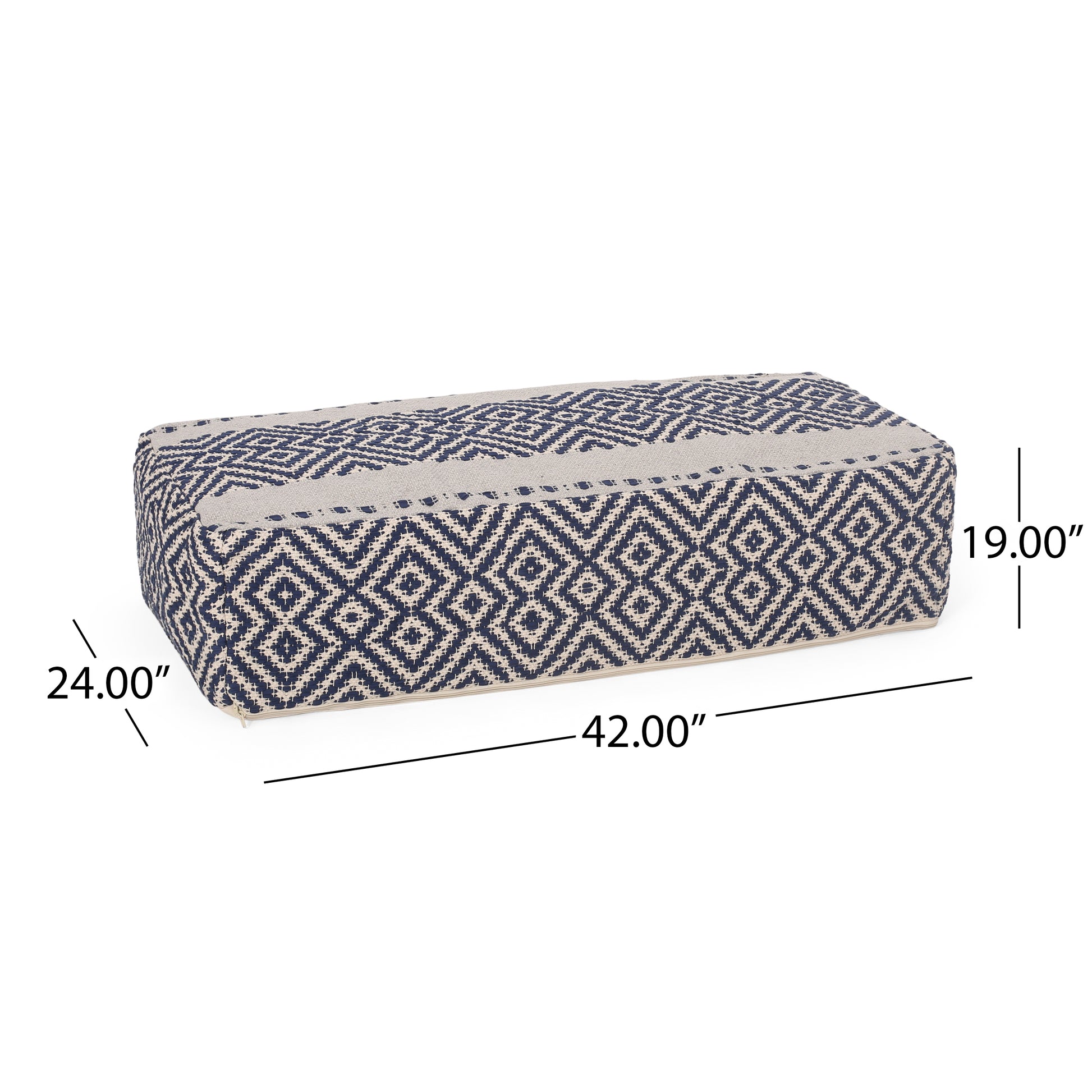 Juniper Rectangular Pouf, Natural, Blue And White White Blue Fabric