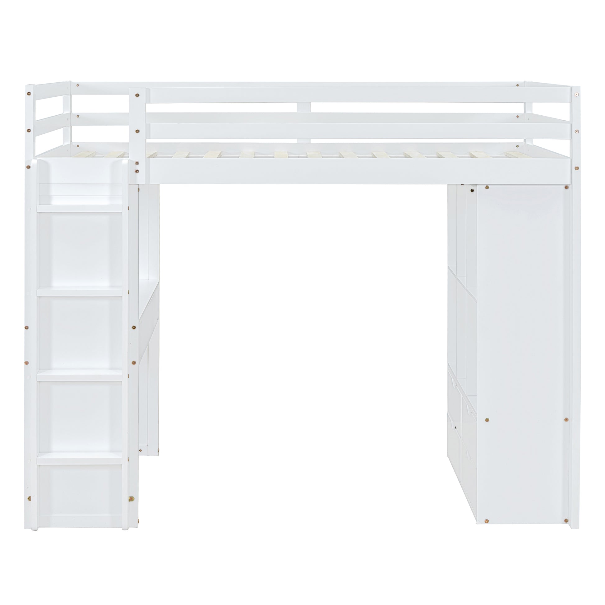 Twin Size Loft Bed With Large Shelves, Writing Desk And Led Light, White White Solid Wood Mdf