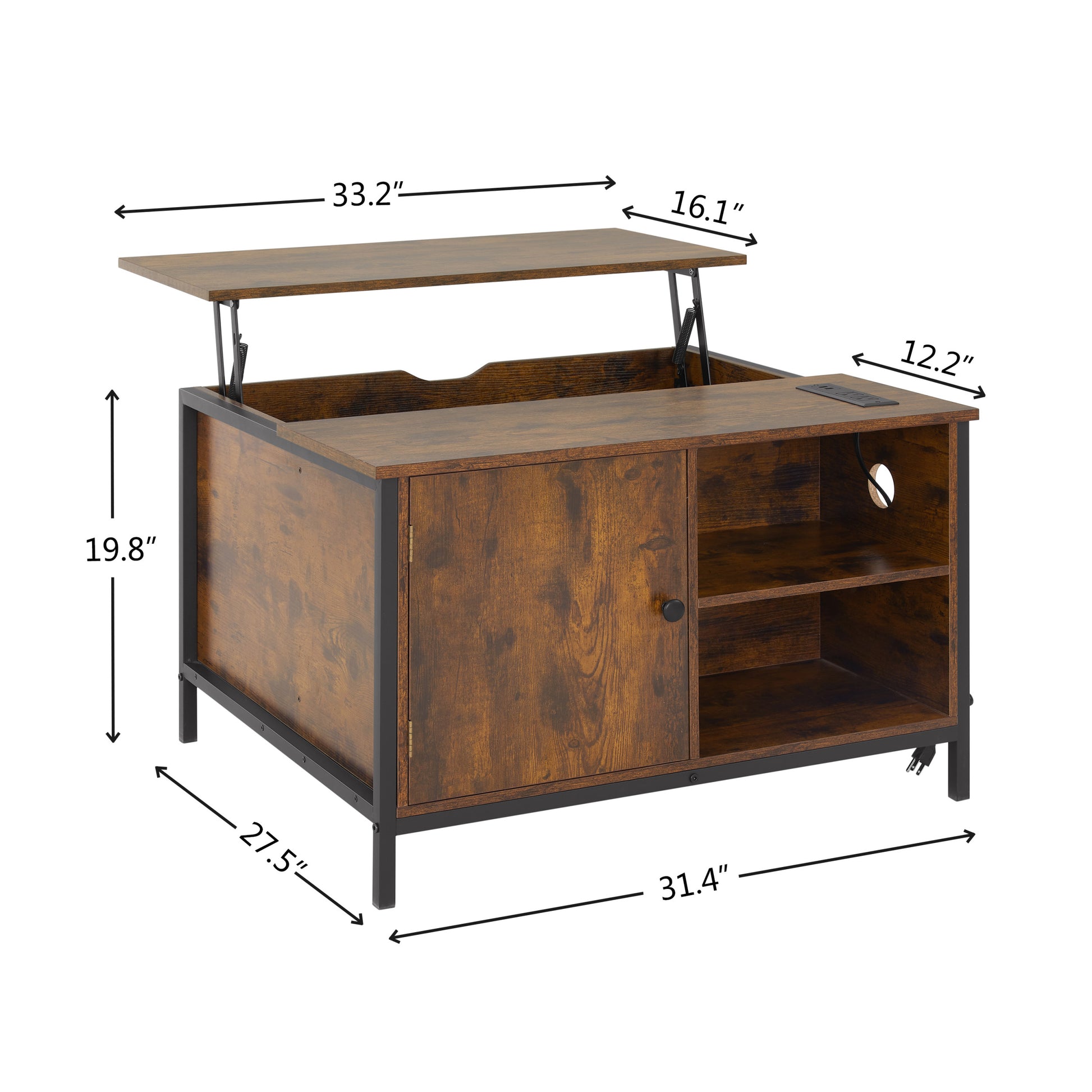 Lift Top Coffee Table, Multi Function Coffee Table With Hidden Compartment, Modern Lift Tabletop Dining Table For Living Room Reception Home Office, Rustic Brown Antique Brown Metal & Wood
