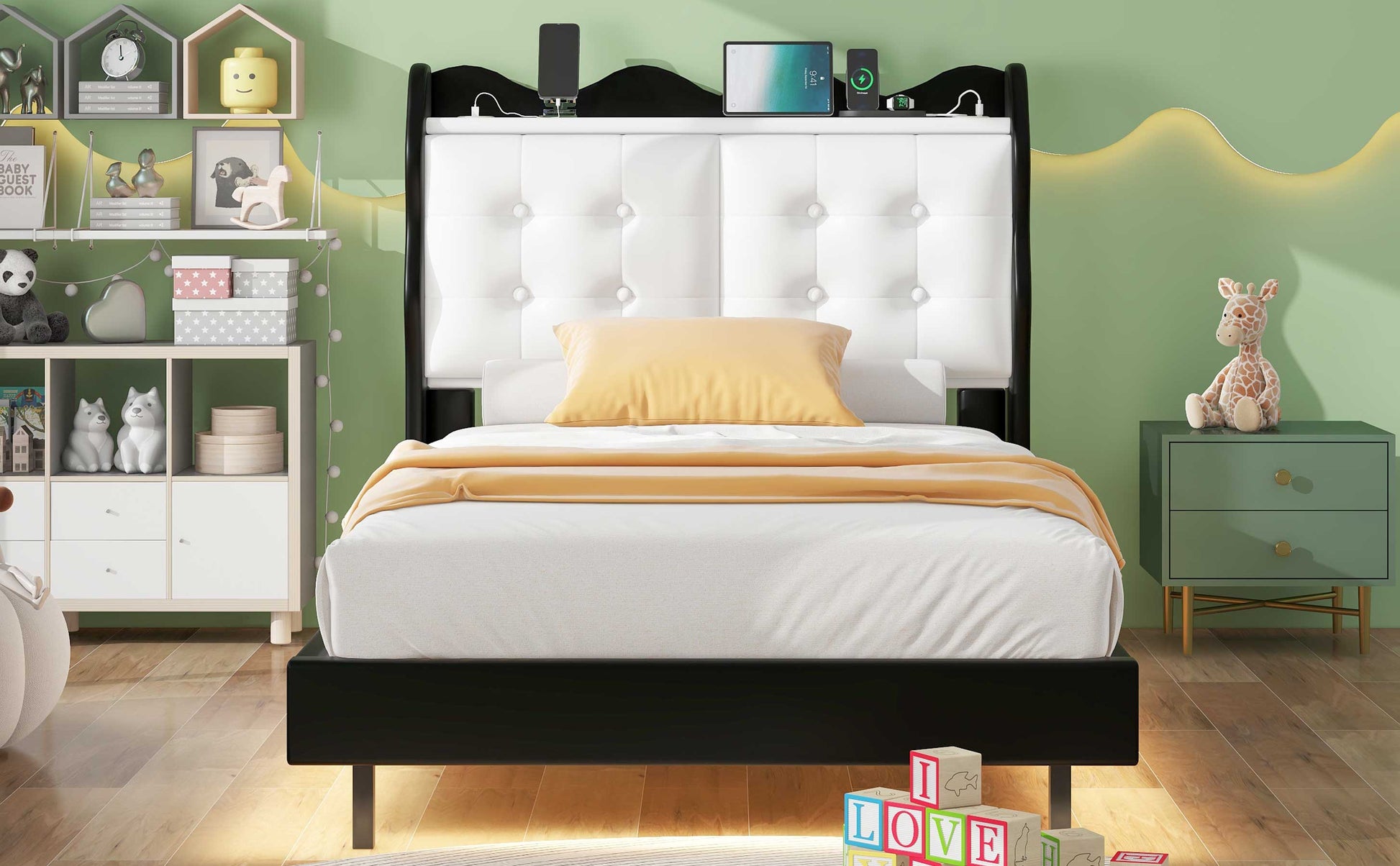 Twin Size Upholstery Platform Bed Frame With Led Light Strips,Headboard Storage Space And Two Usb Charging Deisgn,Black Black Upholstered