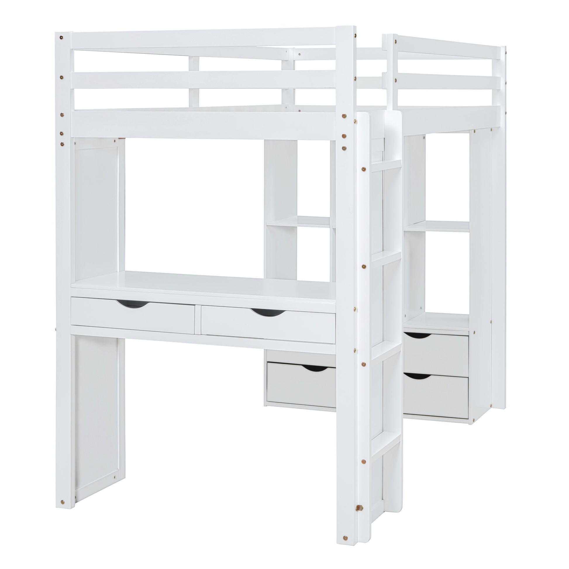 Twin Size Loft Bed With Large Shelves, Writing Desk And Led Light, White White Solid Wood Mdf