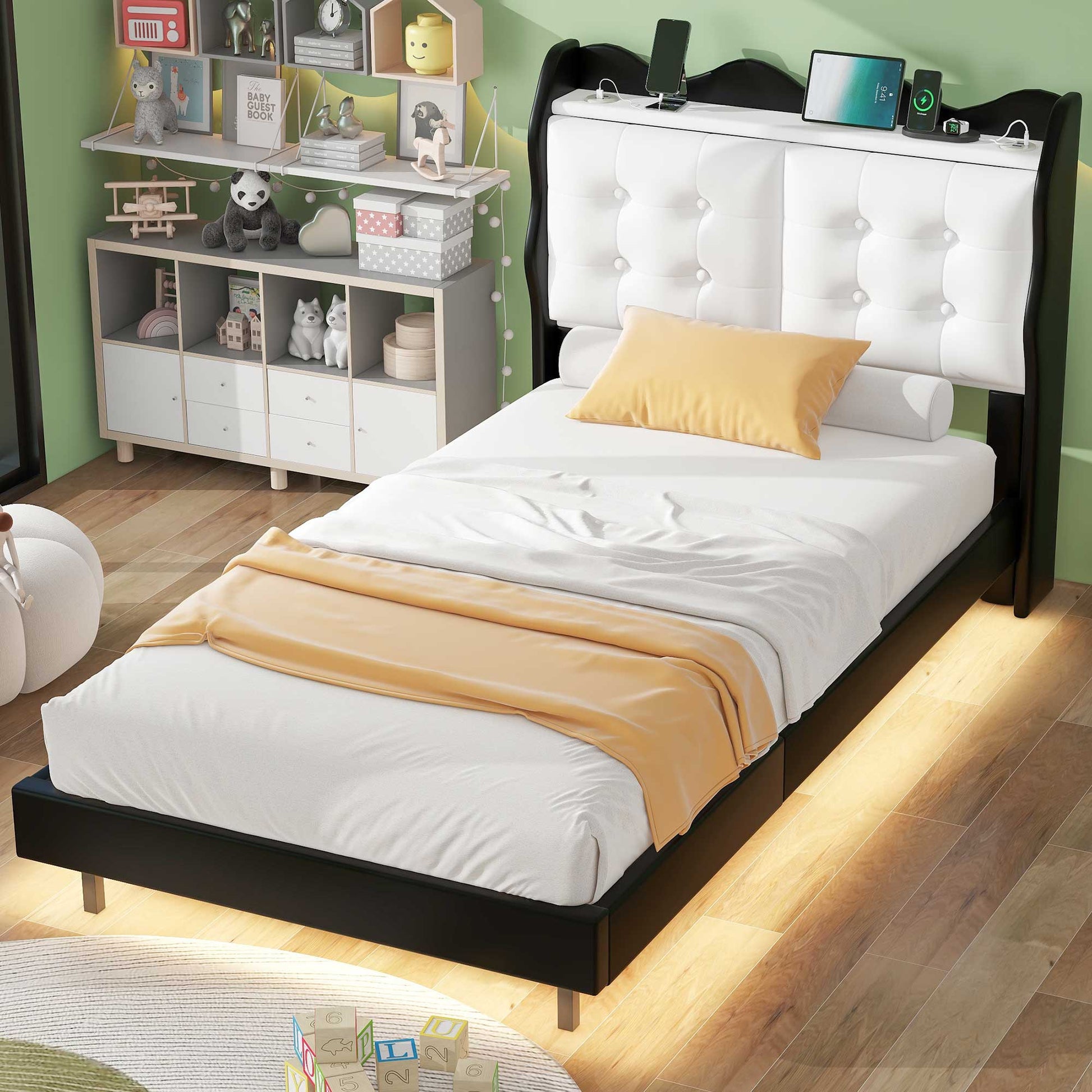 Twin Size Upholstery Platform Bed Frame With Led Light Strips,Headboard Storage Space And Two Usb Charging Deisgn,Black Black Upholstered