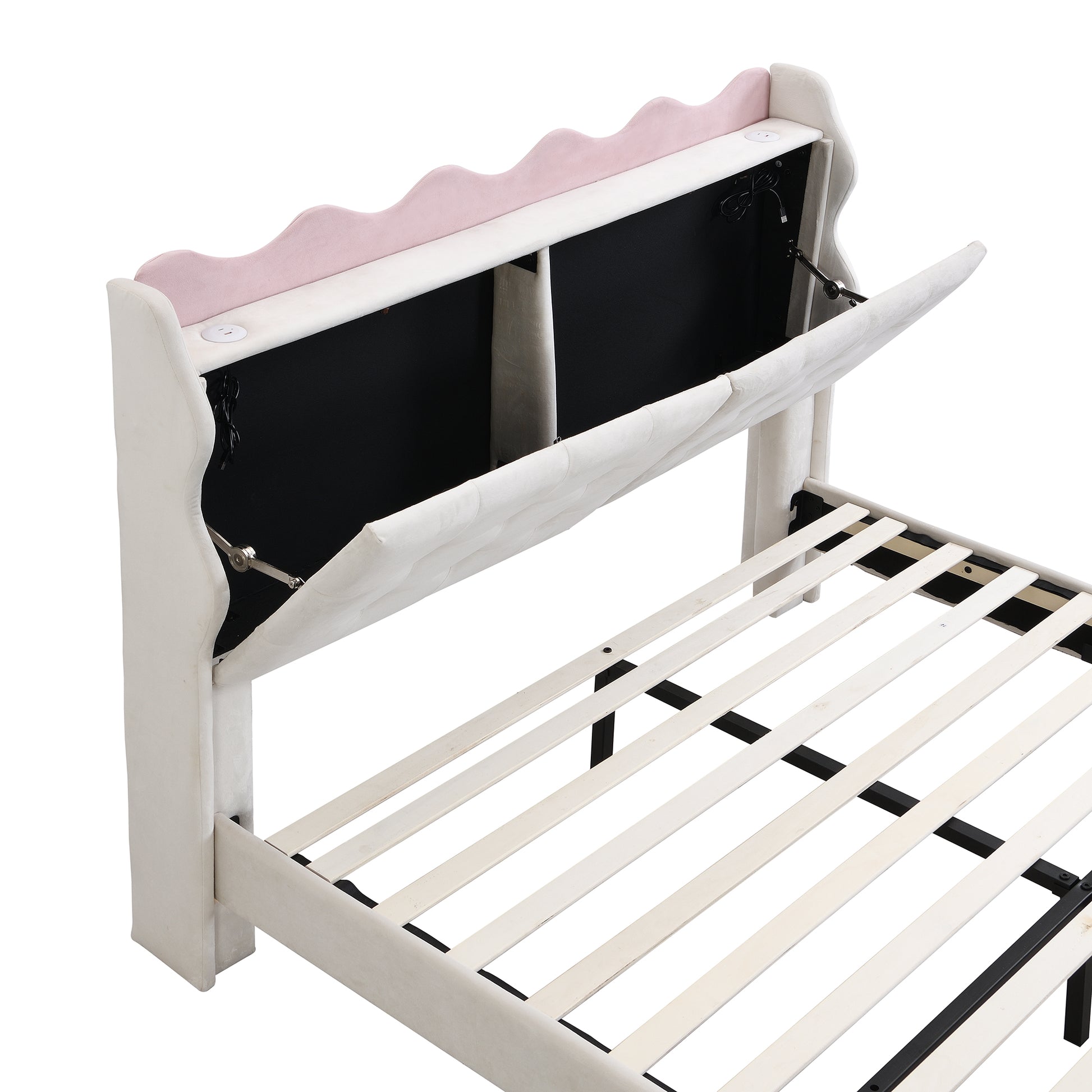 Full Size Upholstery Platform Bed Frame With Led Light Strips,Headboard Storage Space And Two Usb Charging Deisgn,Beige Beige Upholstered