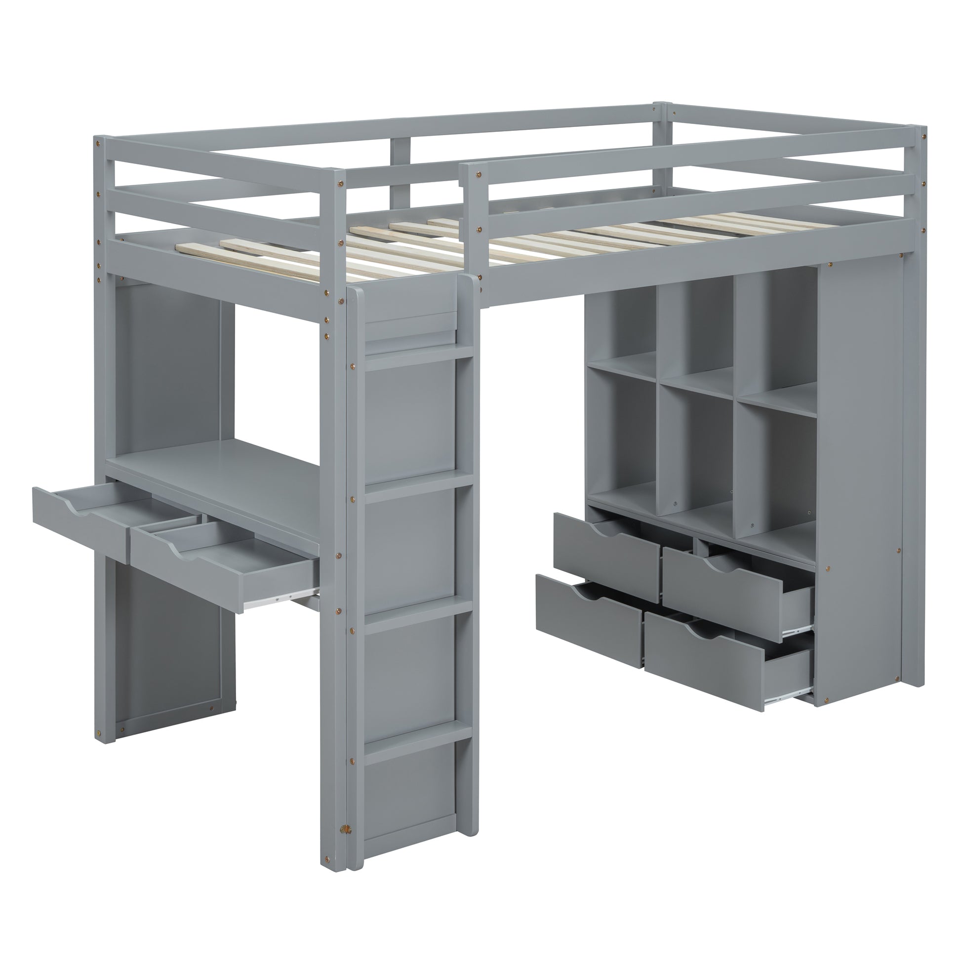 Twin Size Loft Bed With Large Shelves, Writing Desk And Led Light, Gray Gray Solid Wood Mdf