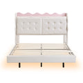 Full Size Upholstery Platform Bed Frame With Led Light Strips,Headboard Storage Space And Two Usb Charging Deisgn,Beige Beige Upholstered