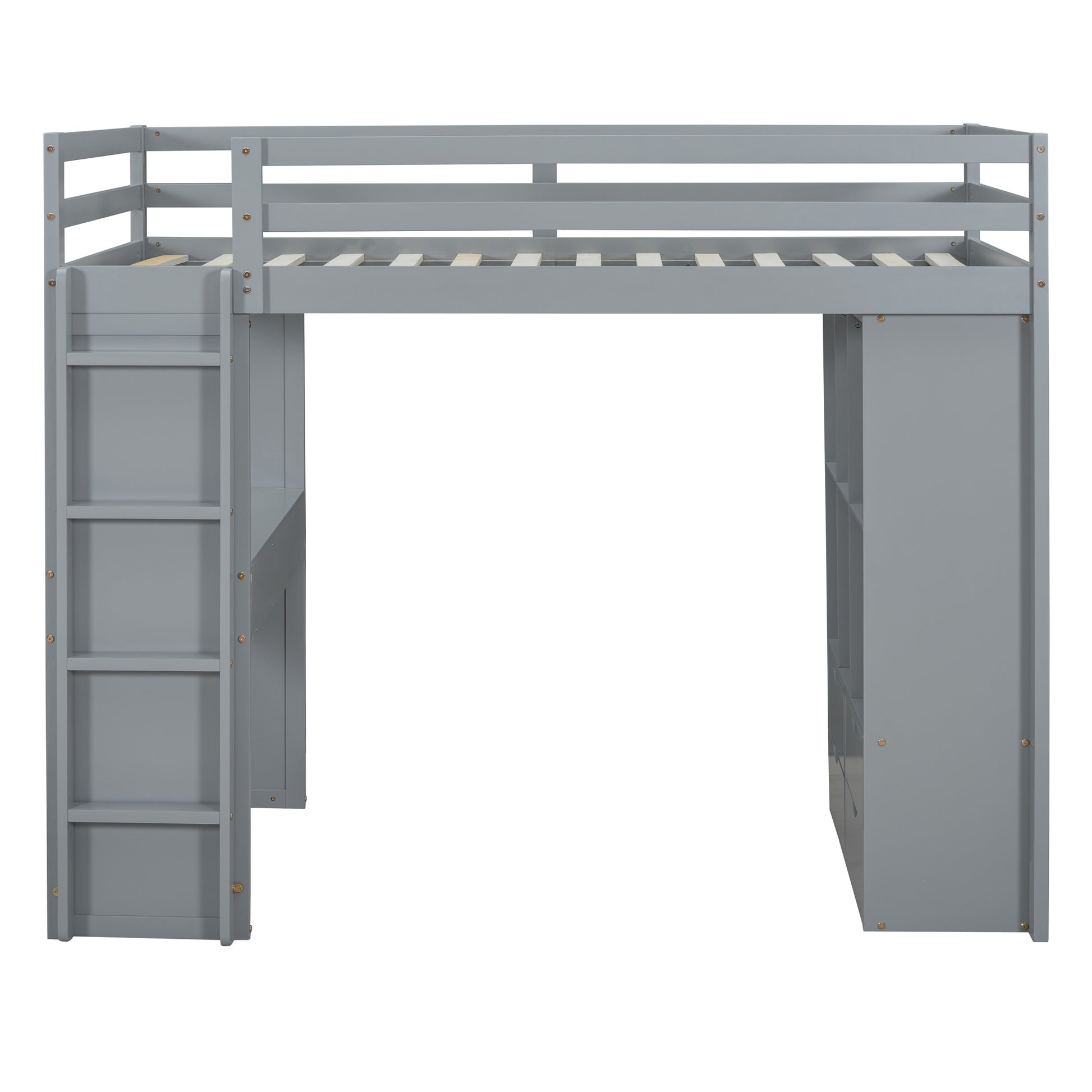 Twin Size Loft Bed With Large Shelves, Writing Desk And Led Light, Gray Gray Solid Wood Mdf